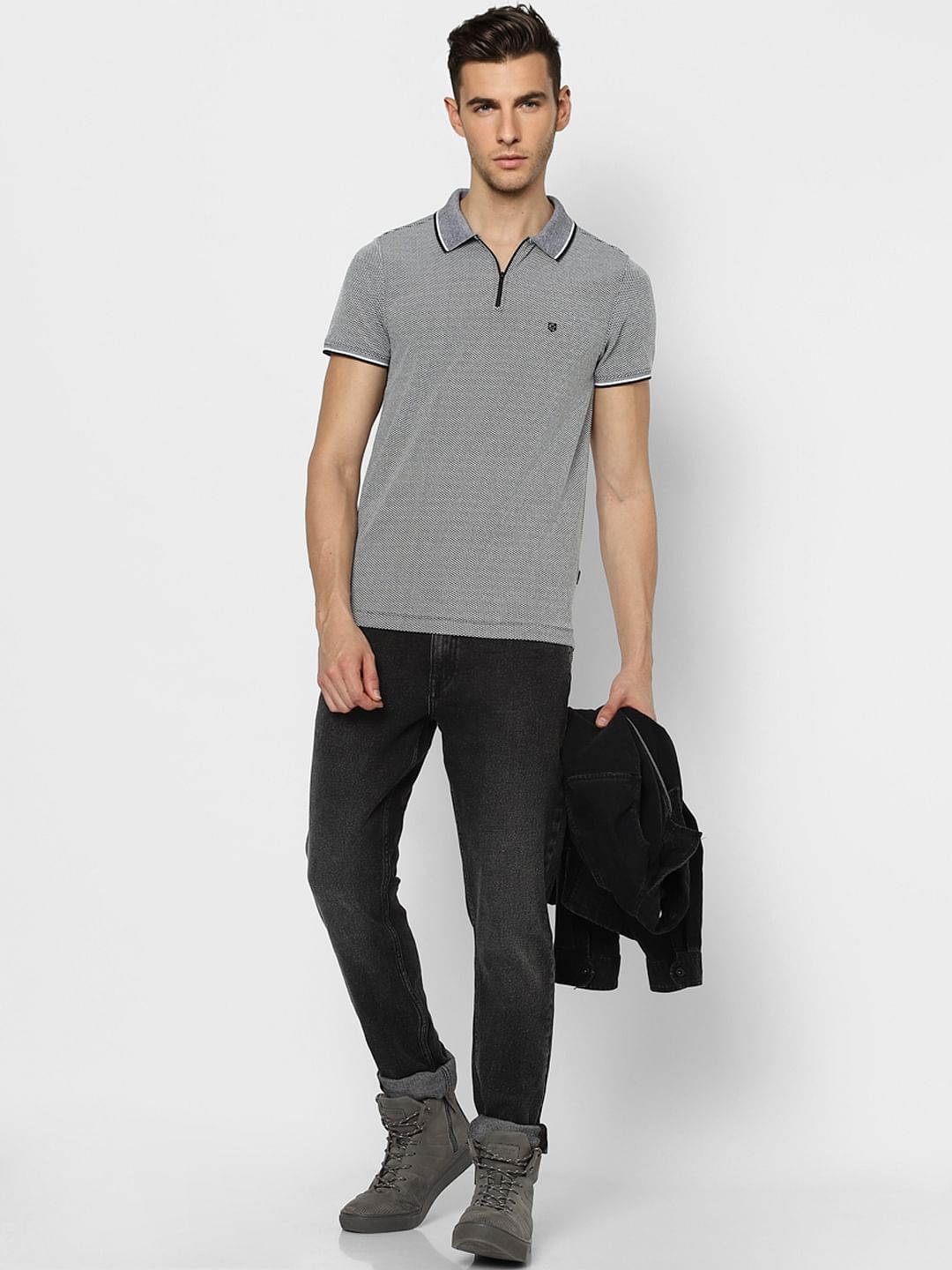 Black & White Jaquard Polo T-shirt - S