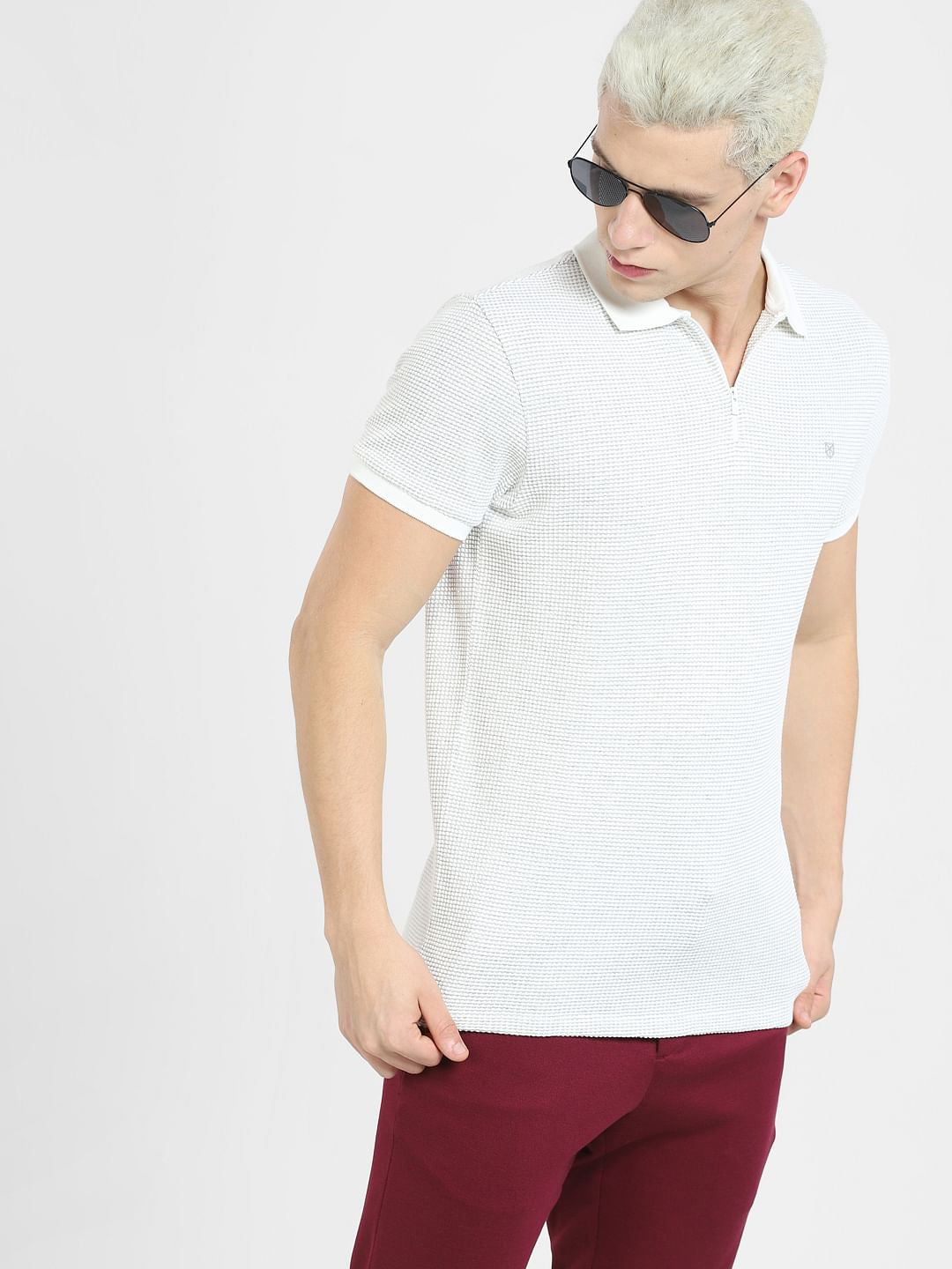 White Zip-Up Polo T-shirt - S