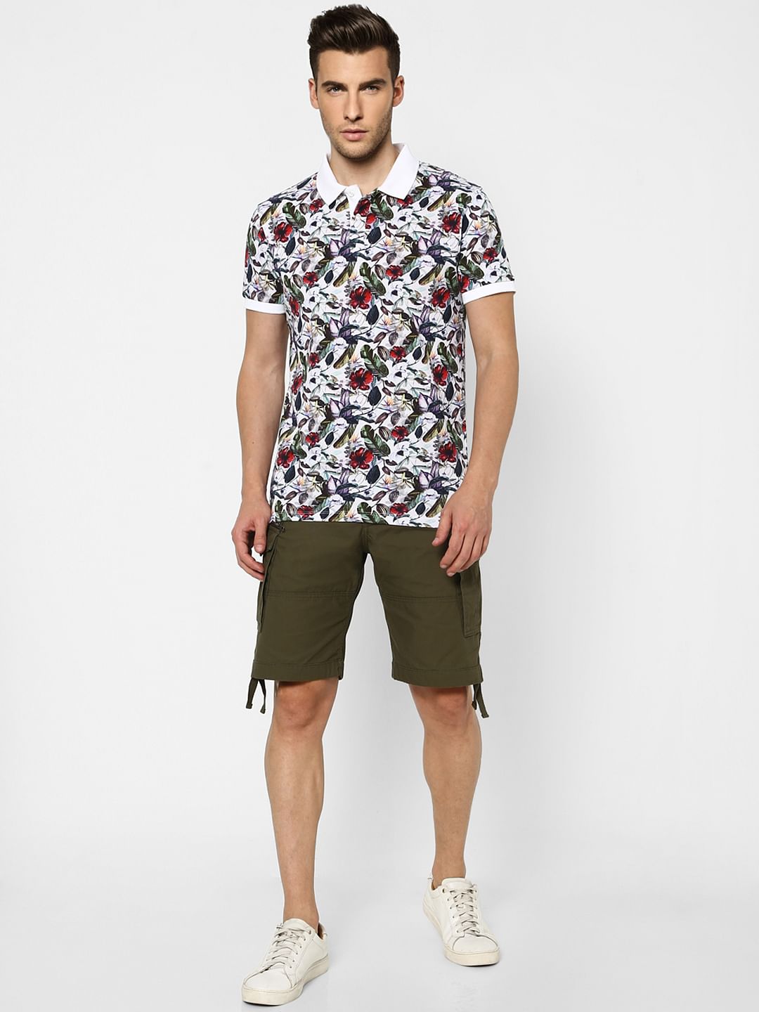 White Floral Polo Neck T-shirt - S