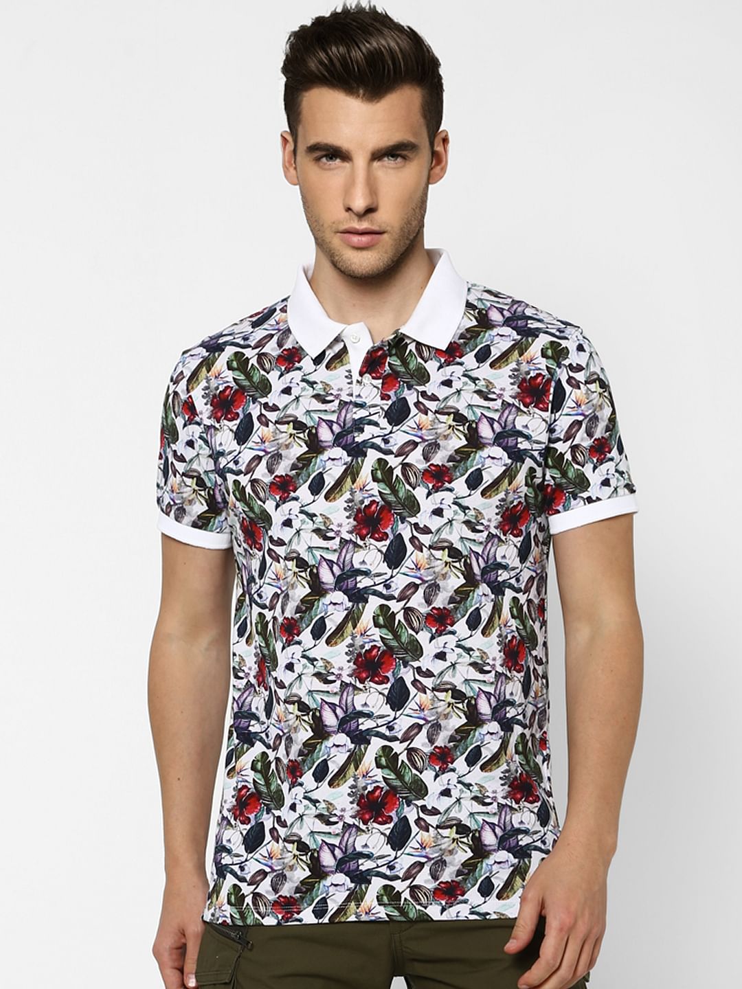 White Floral Polo Neck T-shirt