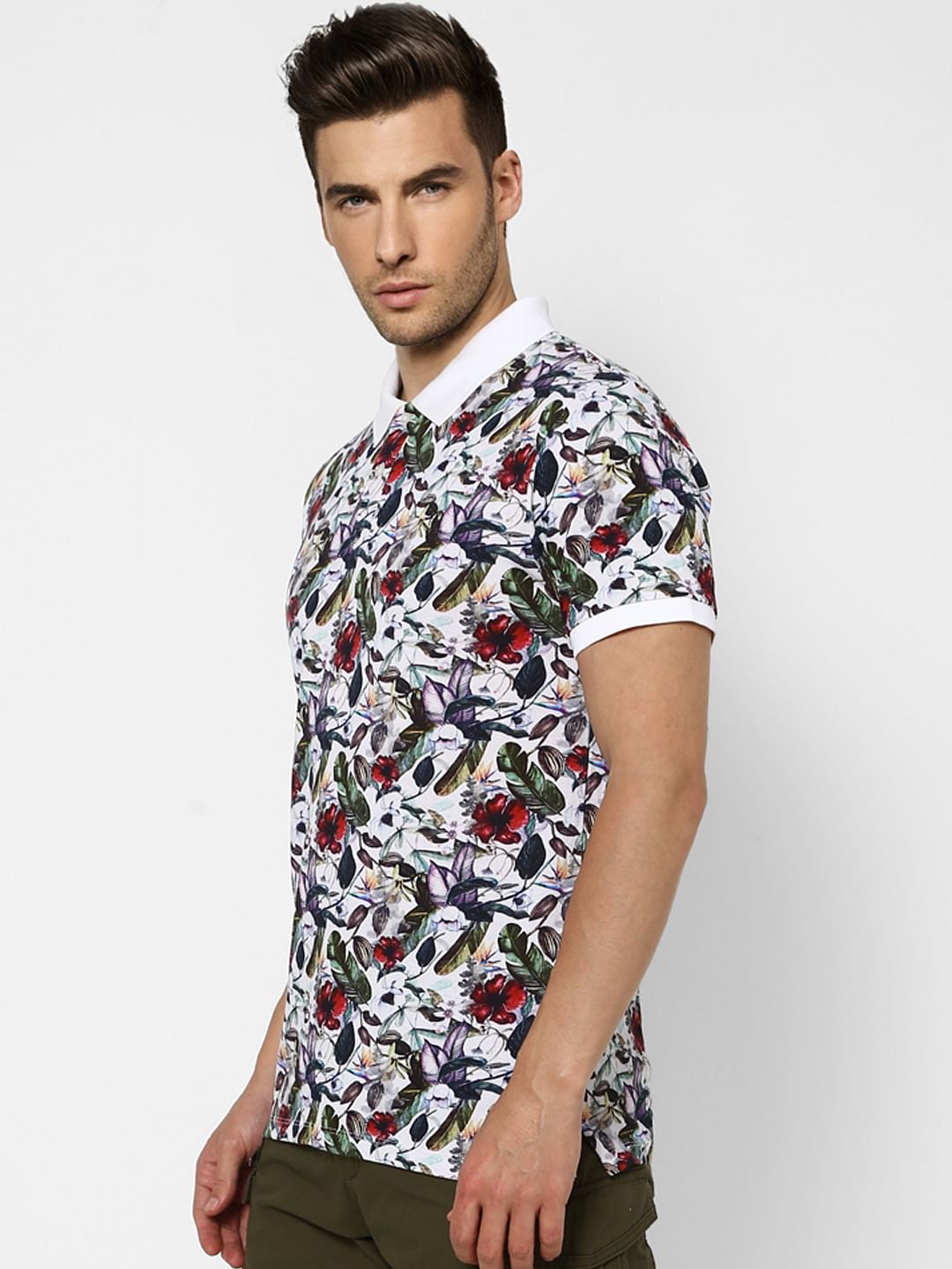 White Floral Polo Neck T-shirt