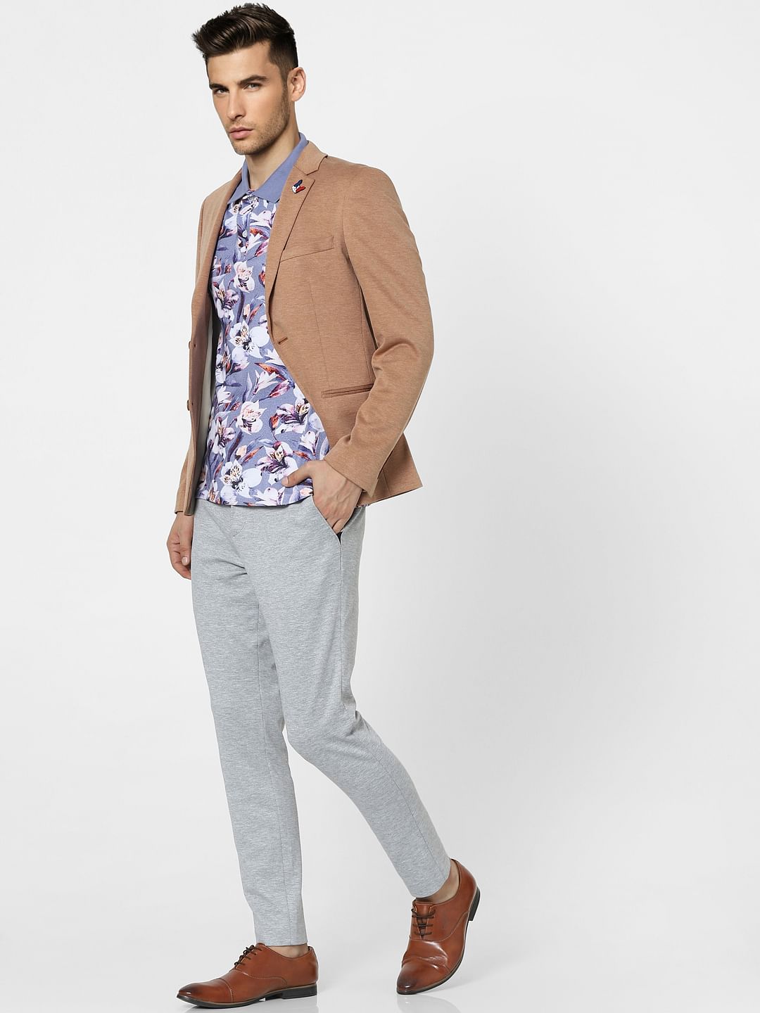 Blue Floral Polo Neck T-shirt - S