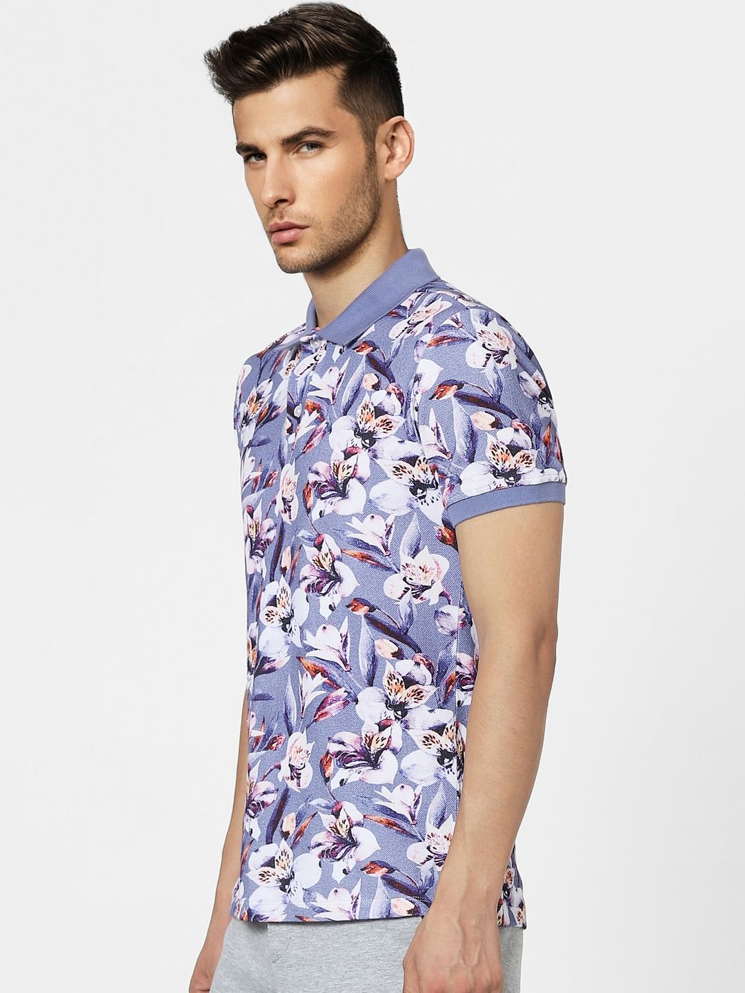 Blue Floral Polo Neck T-shirt