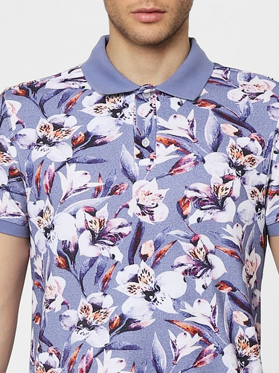 Blue Floral Polo Neck T-shirt