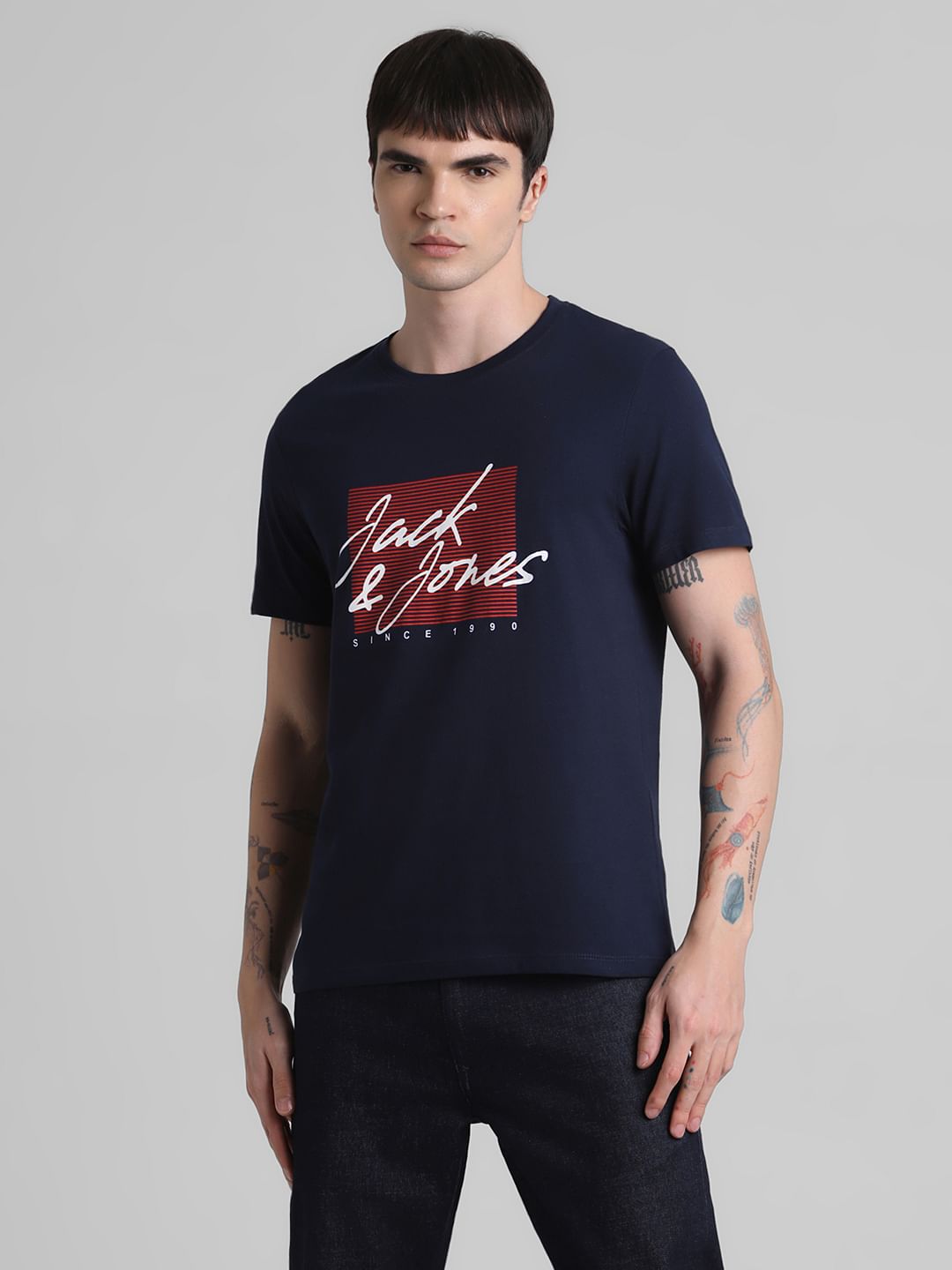 Navy Logo Print Crew Neck T-shirt
