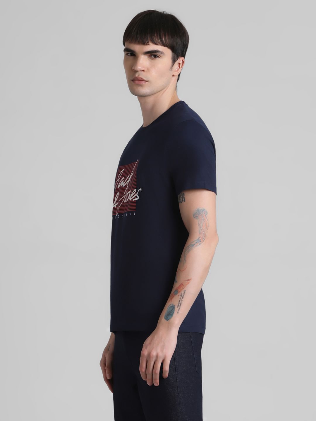 Navy Logo Print Crew Neck T-shirt