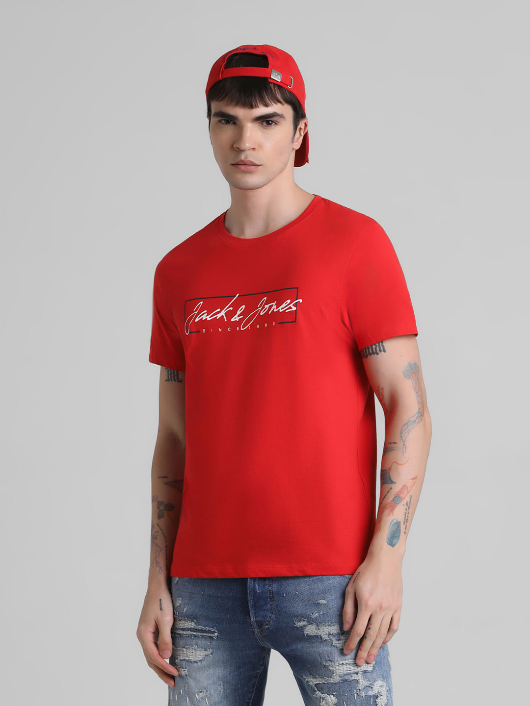Red Logo Print Crew Neck T-shirt - S