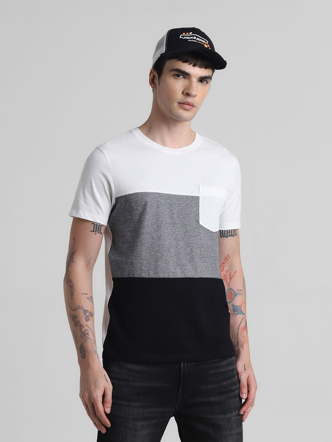 White Colourblocked Cotton T-shirt - L