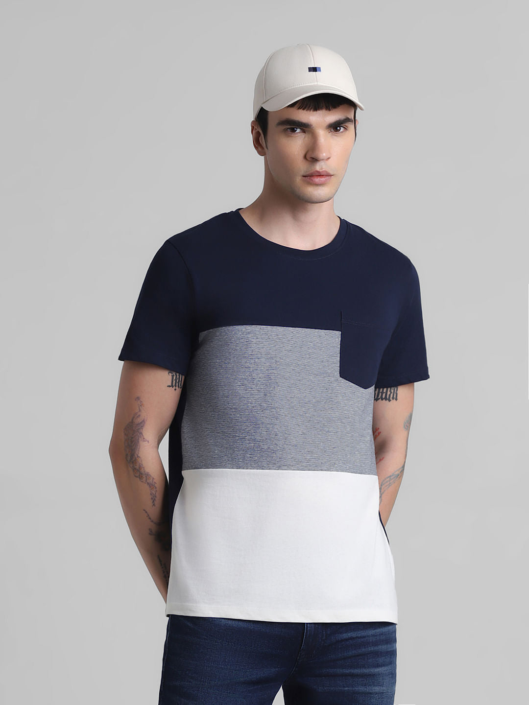 Navy Blue Colourblocked Cotton T-shirt - S