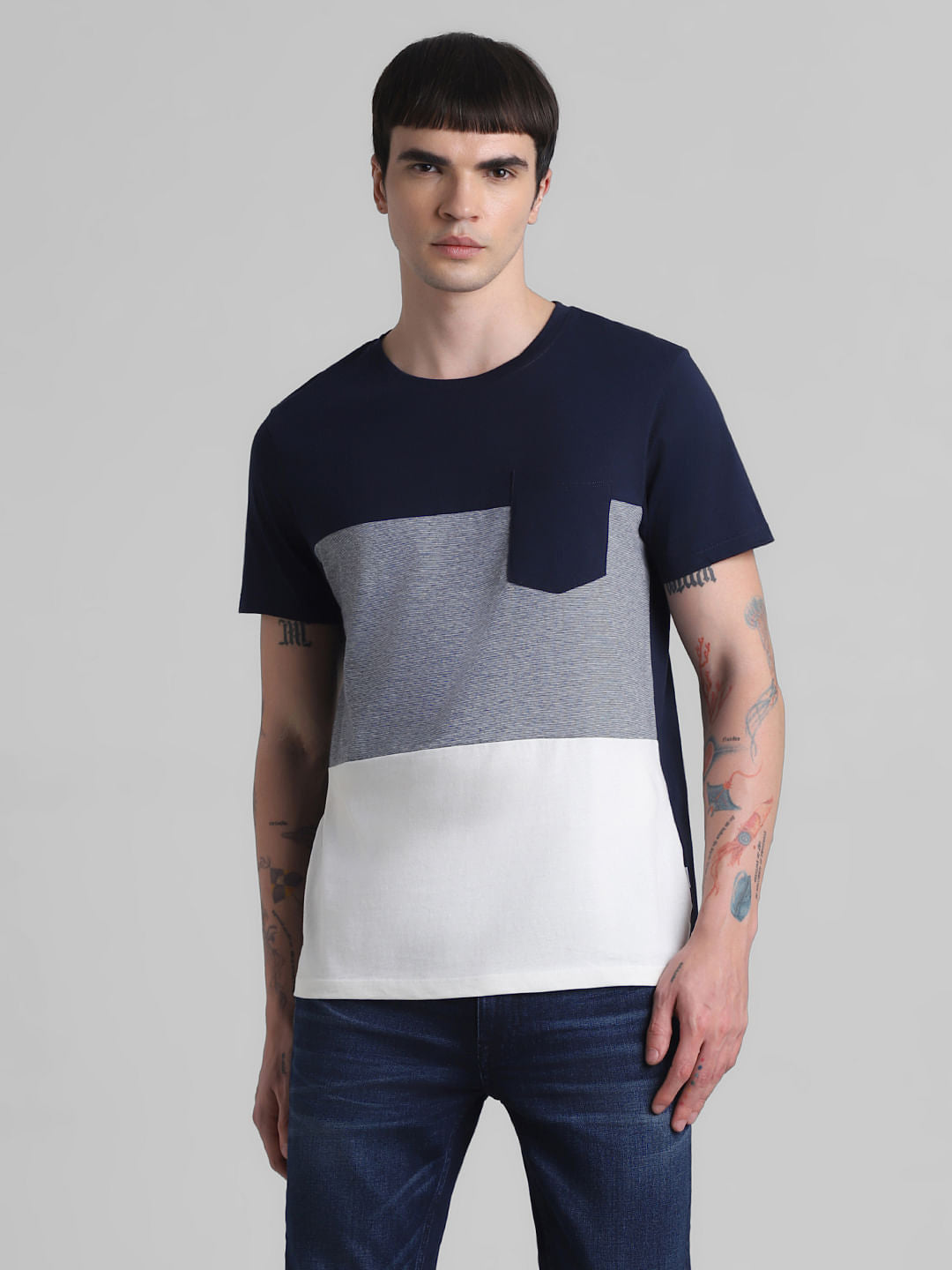 Navy Blue Colourblocked Cotton T-shirt