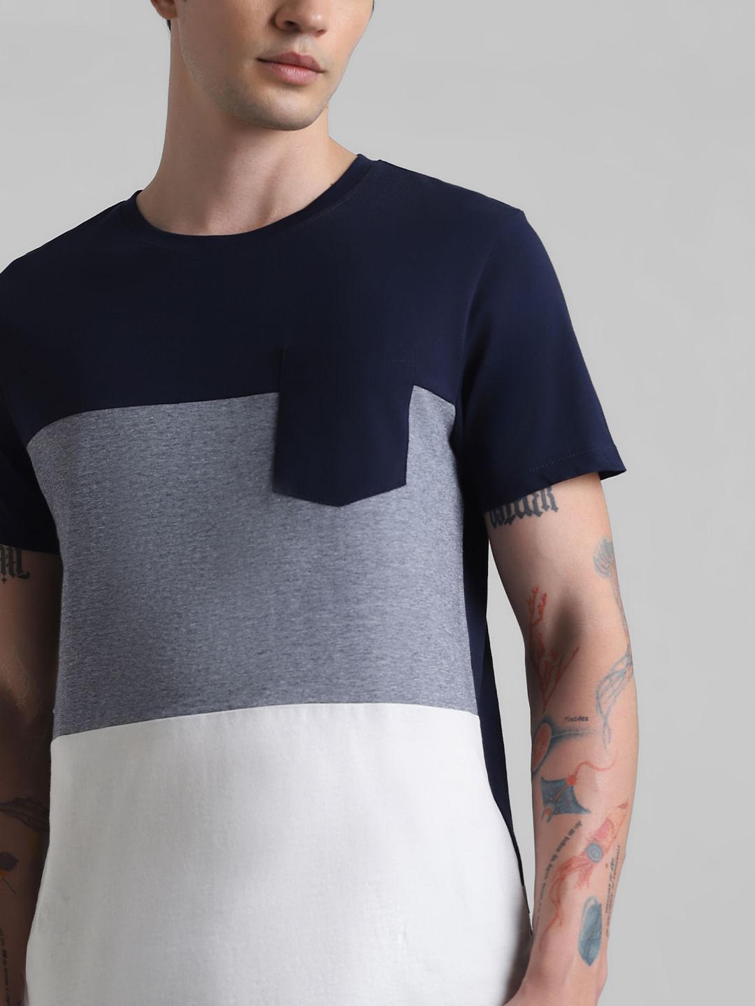 Navy Blue Colourblocked Cotton T-shirt