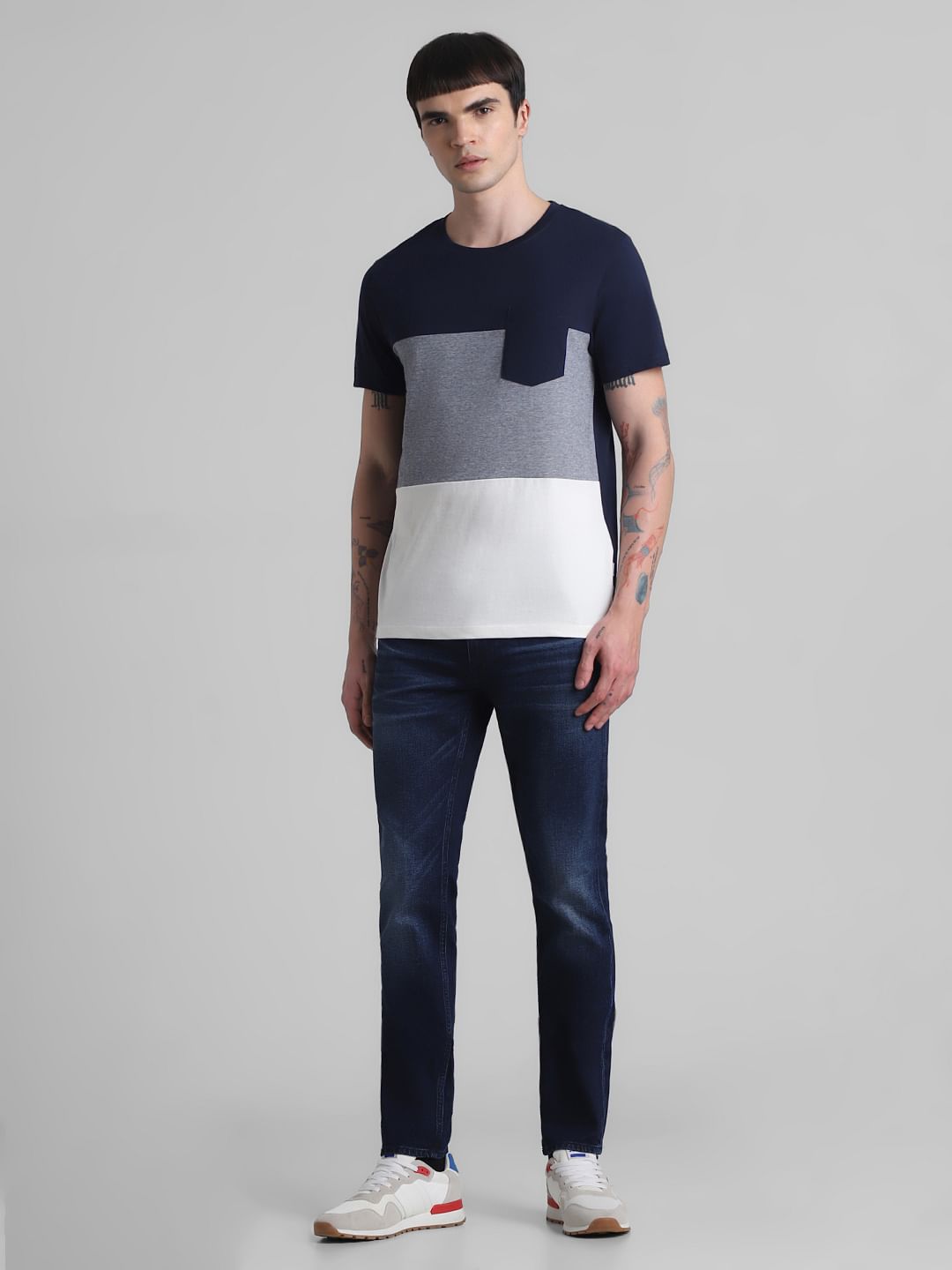 Navy Blue Colourblocked Cotton T-shirt