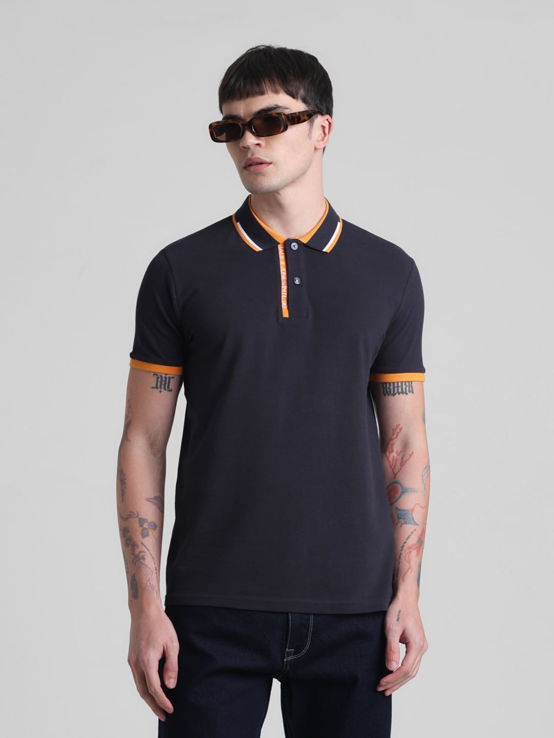 Navy Blue Contrast Rib Polo T-shirt