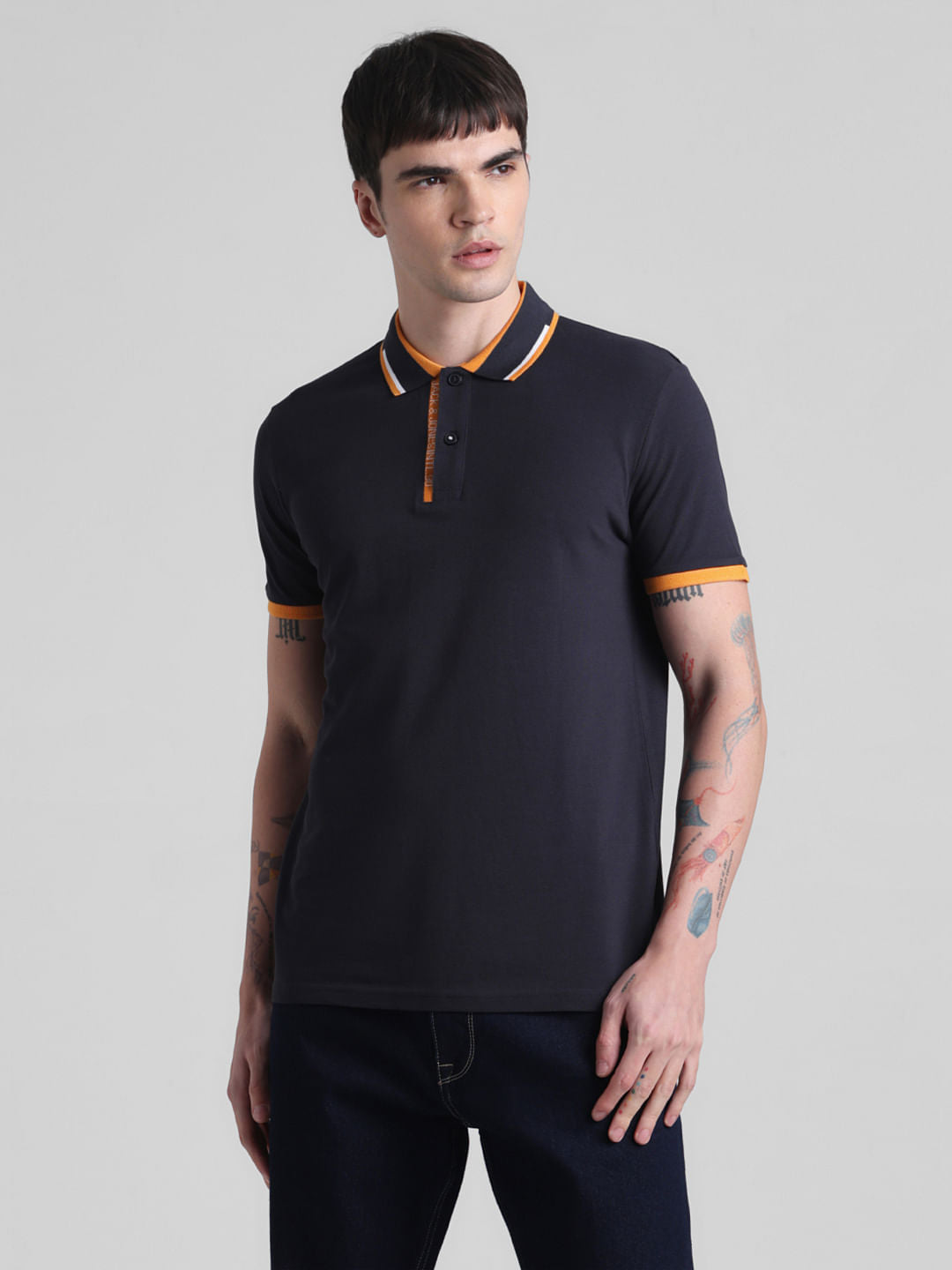 Navy Blue Contrast Rib Polo T-shirt