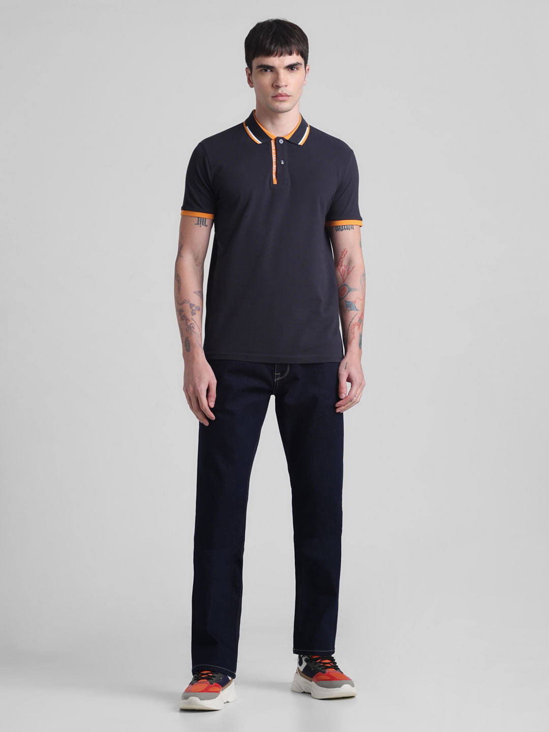 Navy Blue Contrast Rib Polo T-shirt