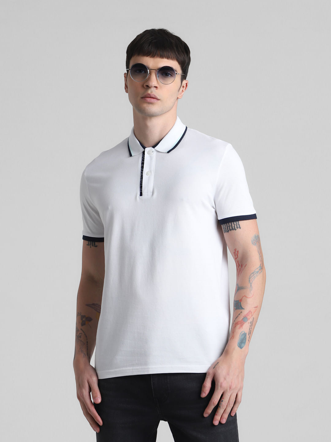White Contrast Rib Polo T-shirt - S