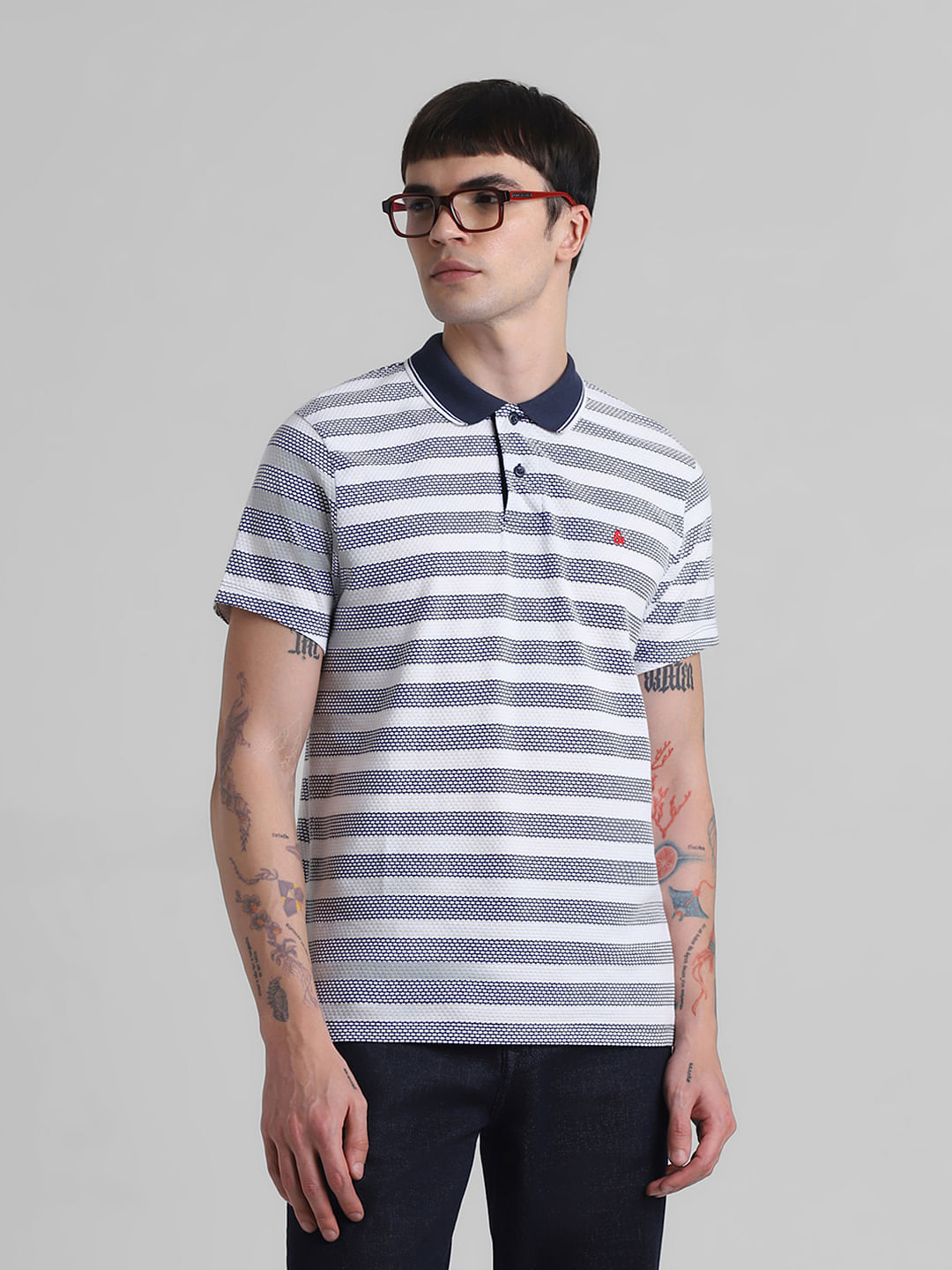 Navy Blue Striped Jacquard Polo T-shirt - S