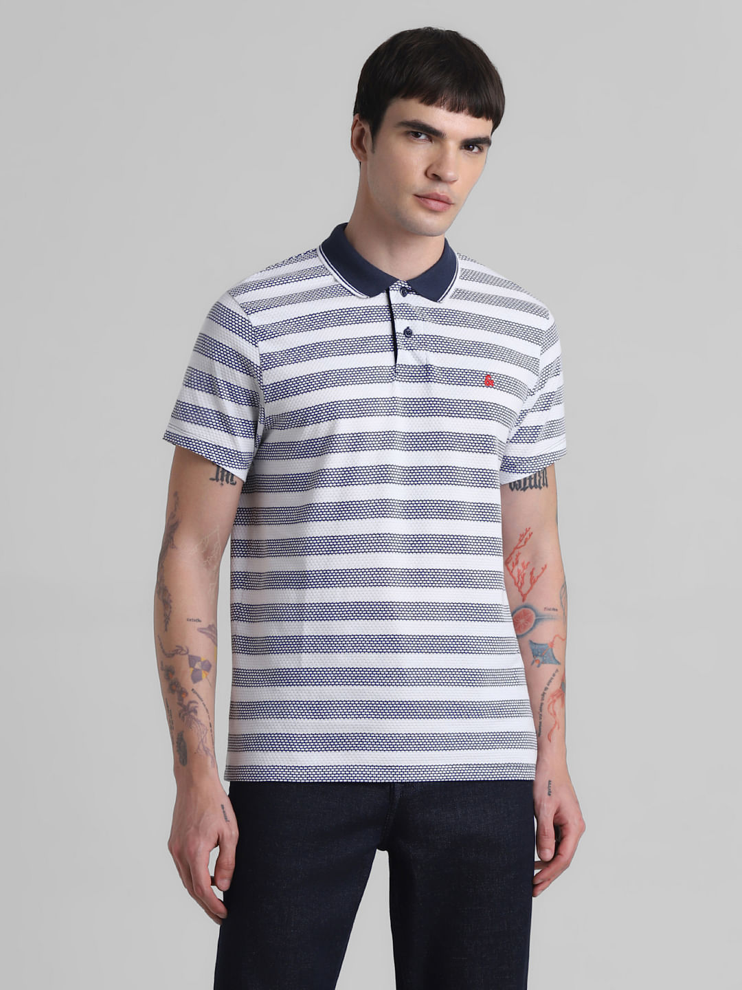 Navy Blue Striped Jacquard Polo T-shirt