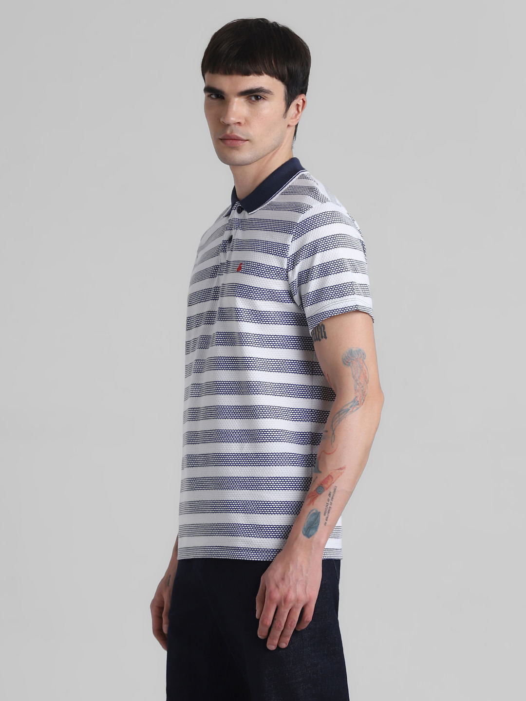 Navy Blue Striped Jacquard Polo T-shirt