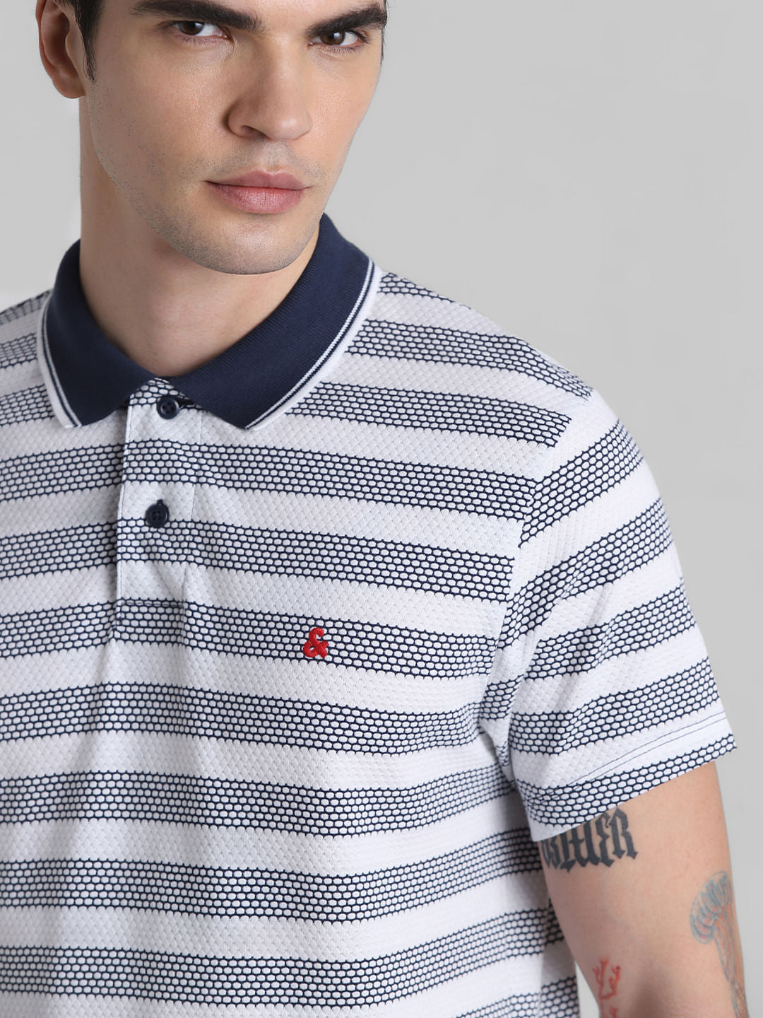 Navy Blue Striped Jacquard Polo T-shirt