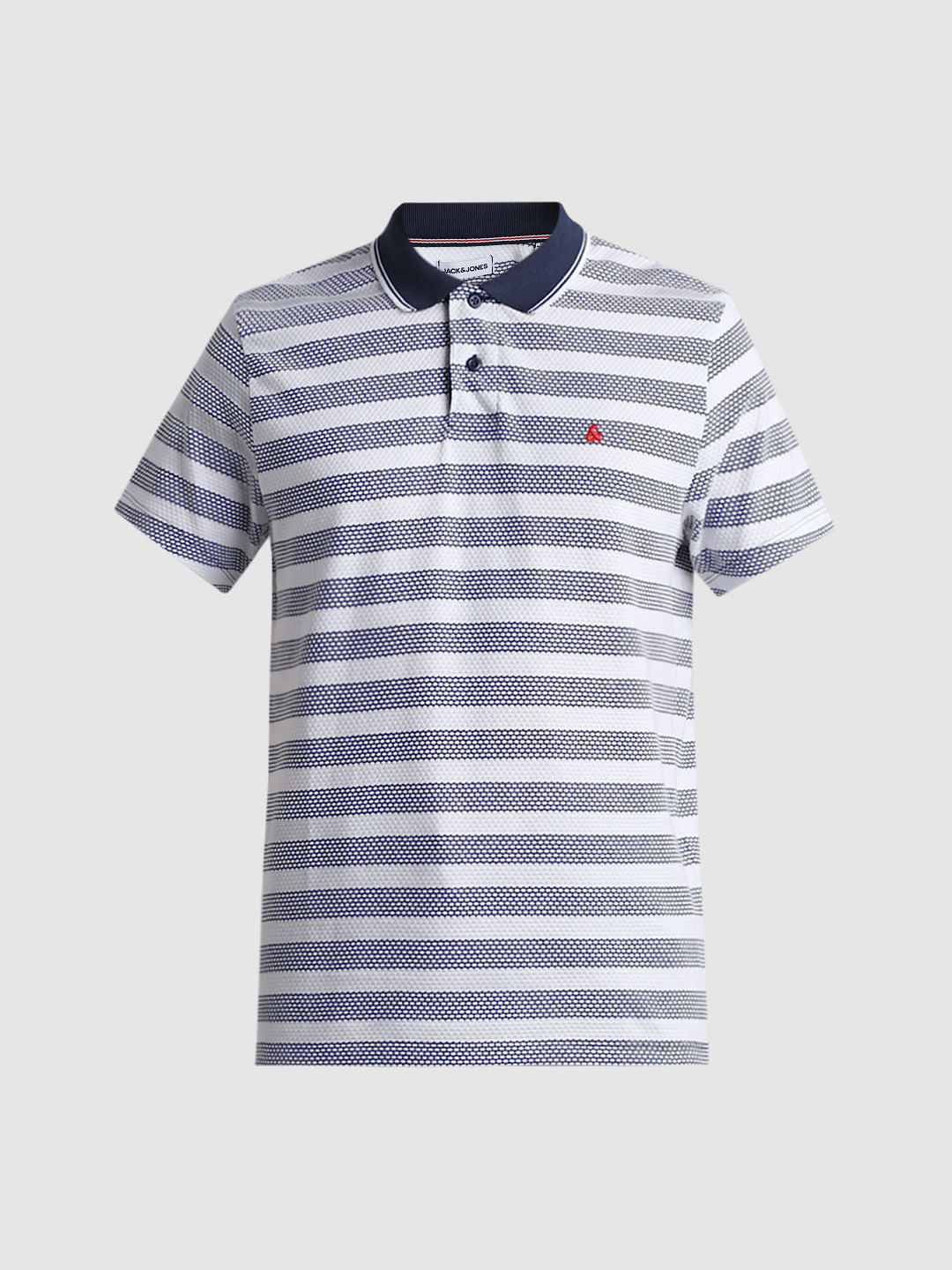 Navy Blue Striped Jacquard Polo T-shirt