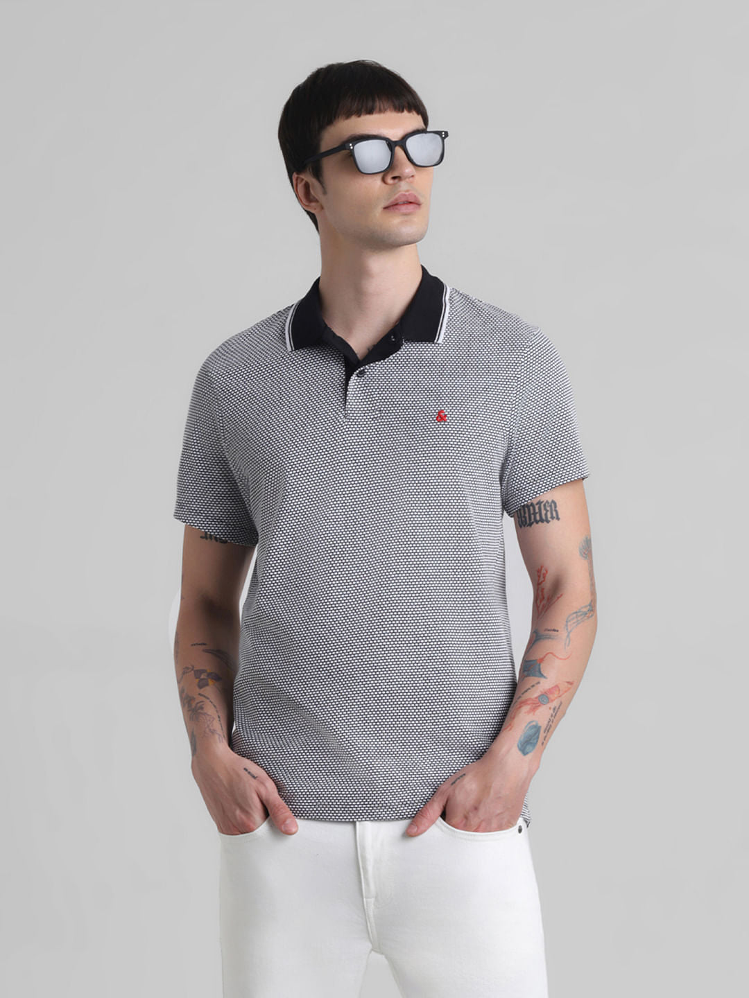 Black Printed Jacquard Polo T-shirt - S