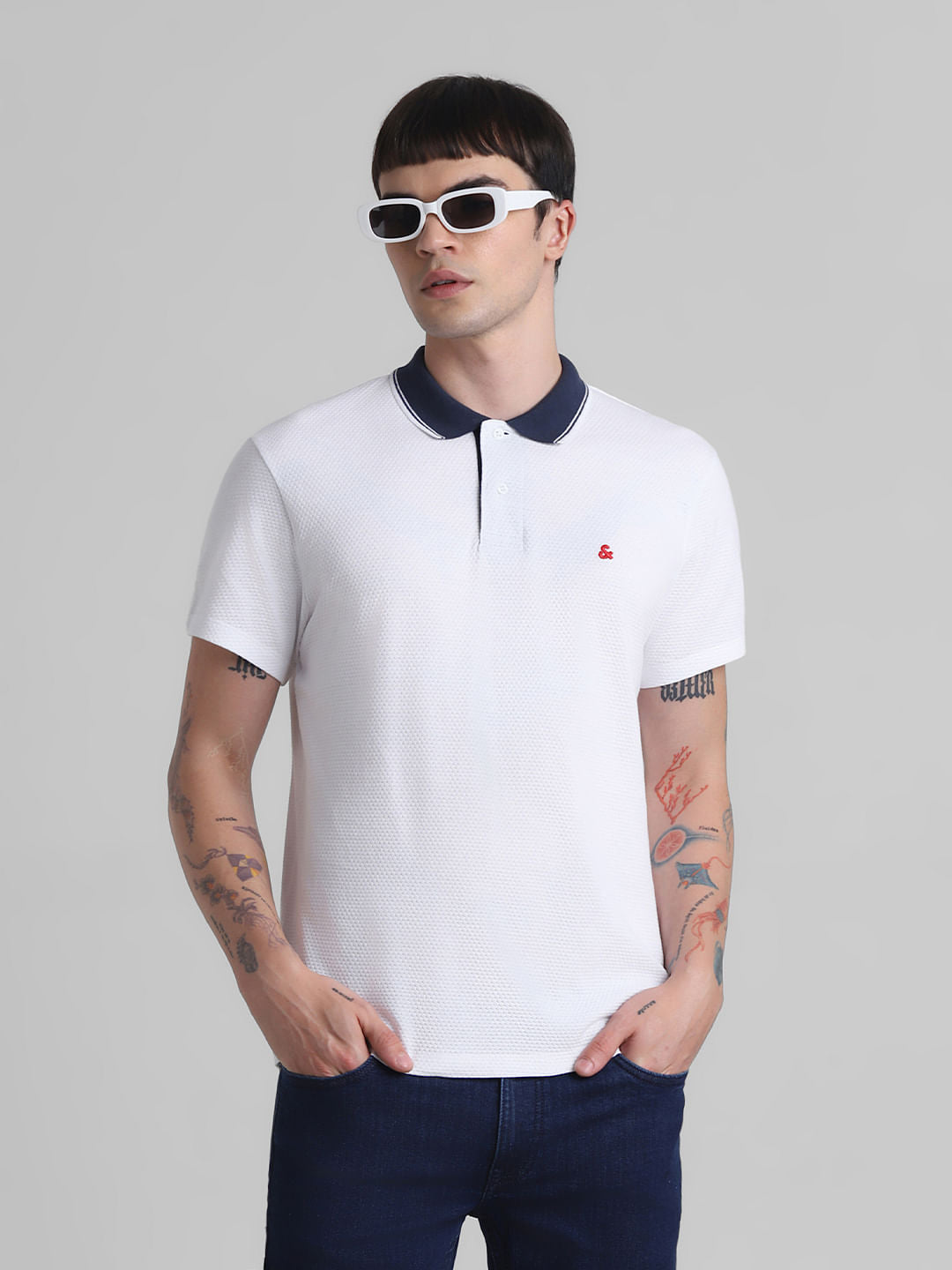 White Jacquard Polo T-shirt - S