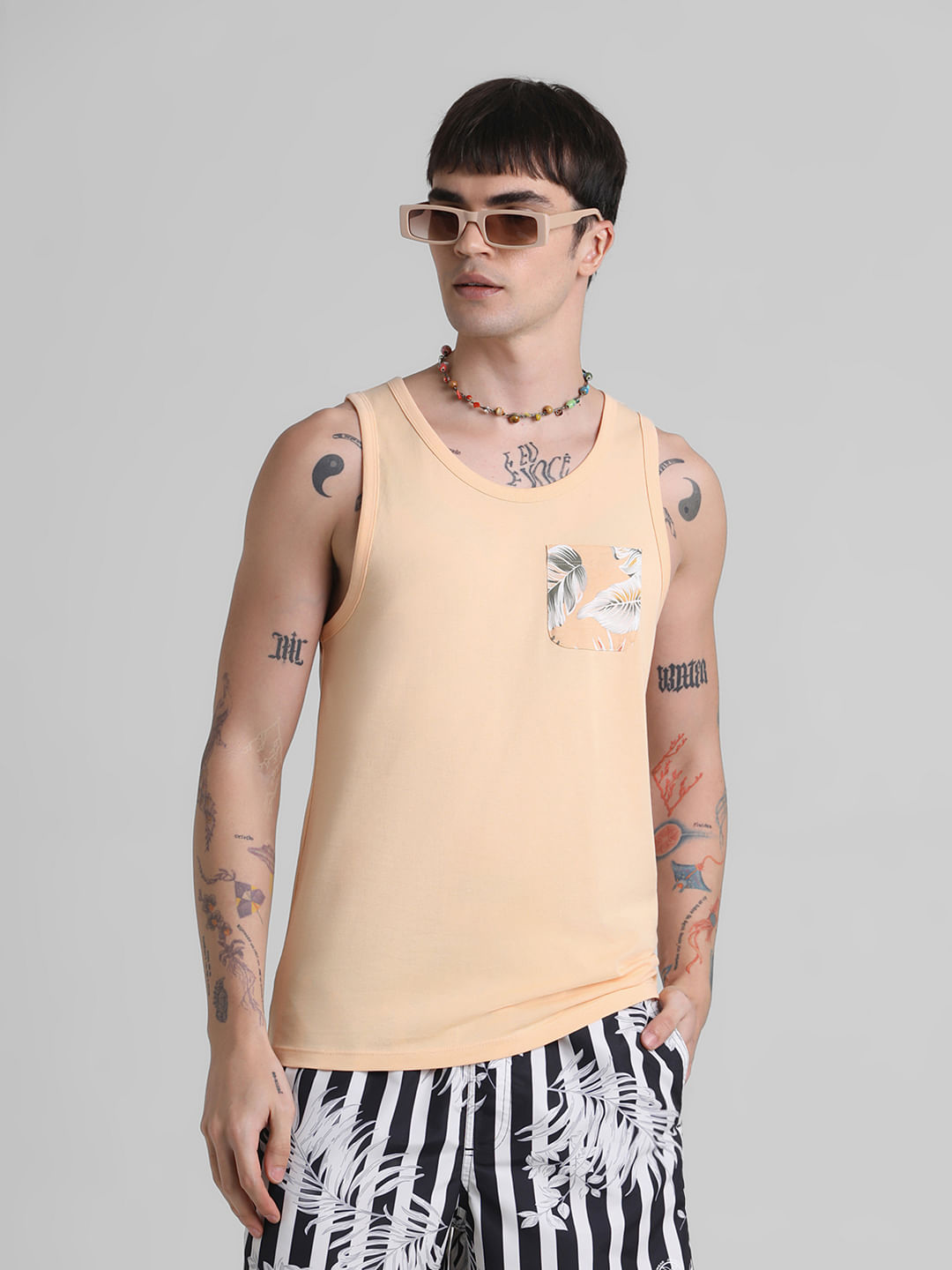Peach Tropical Print Pocket Vest - S