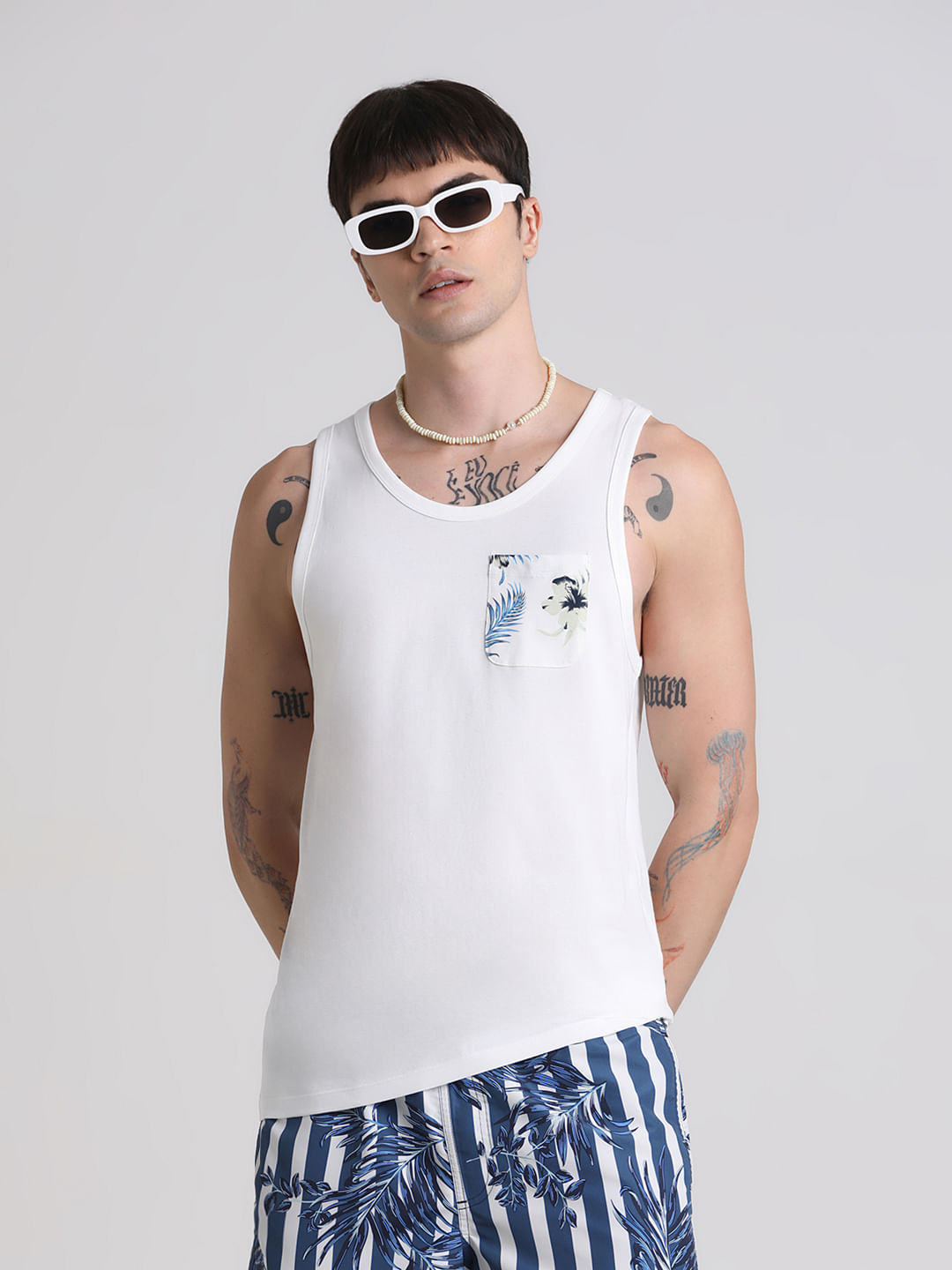 White Tropical Print Pocket Vest - S