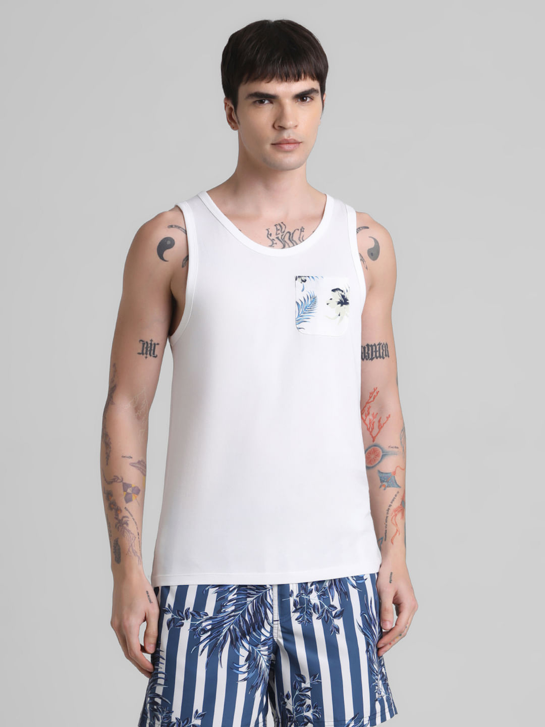 White Tropical Print Pocket Vest