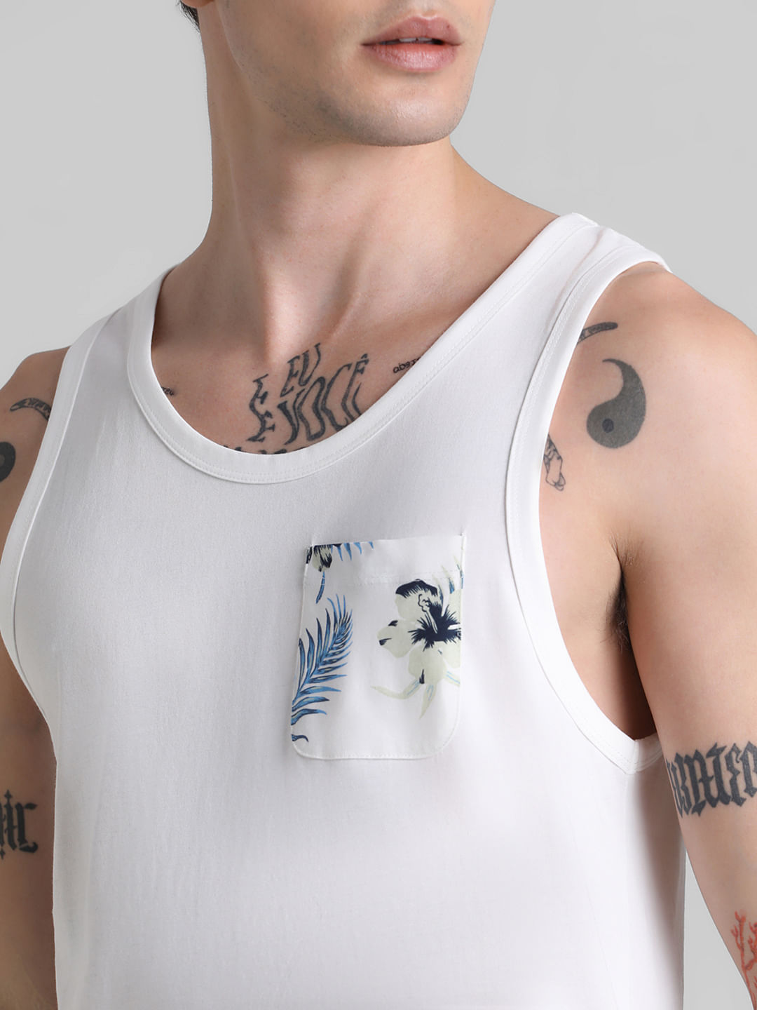 White Tropical Print Pocket Vest