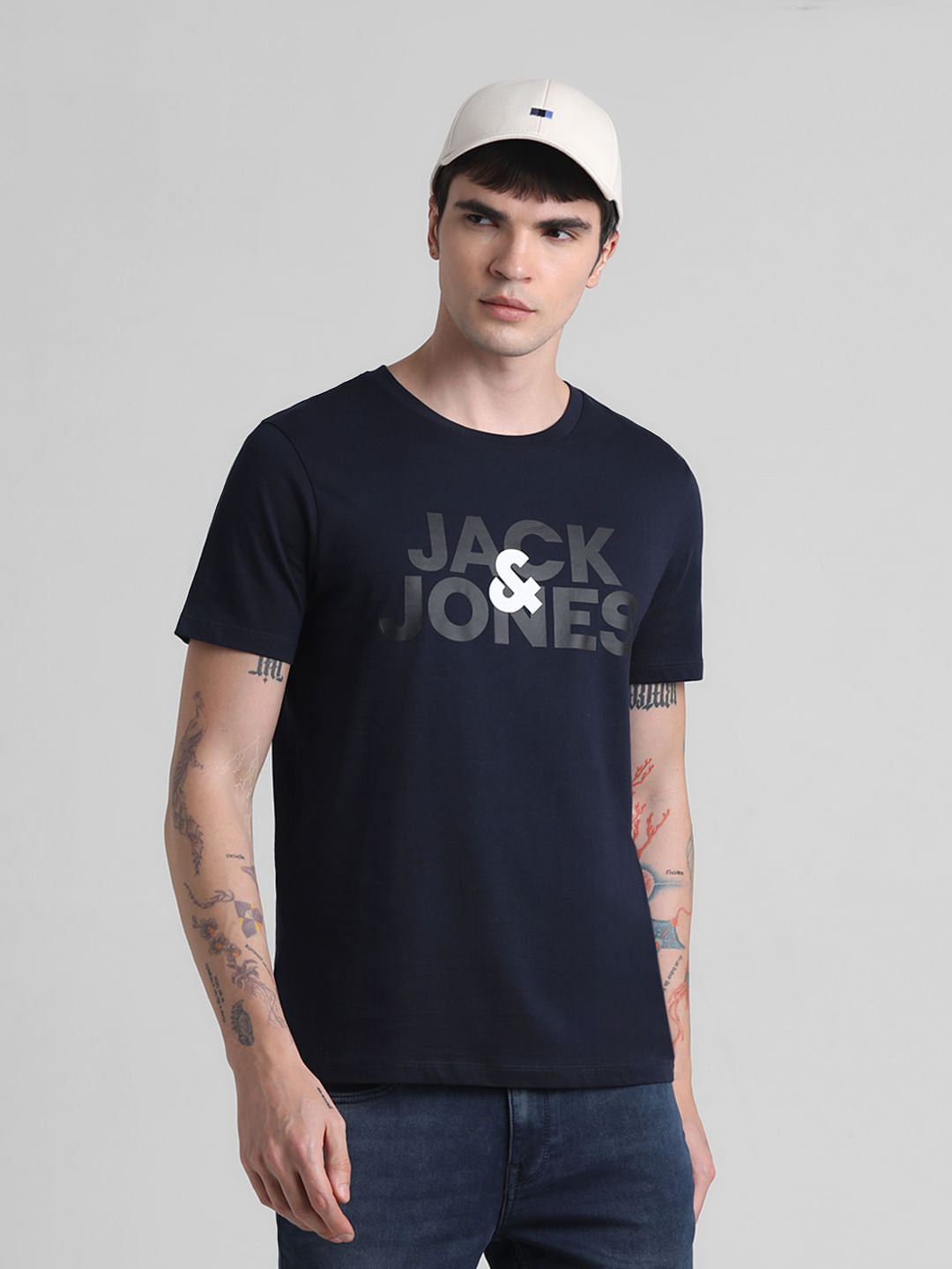 Navy Logo Print Crew Neck T-shirt - S