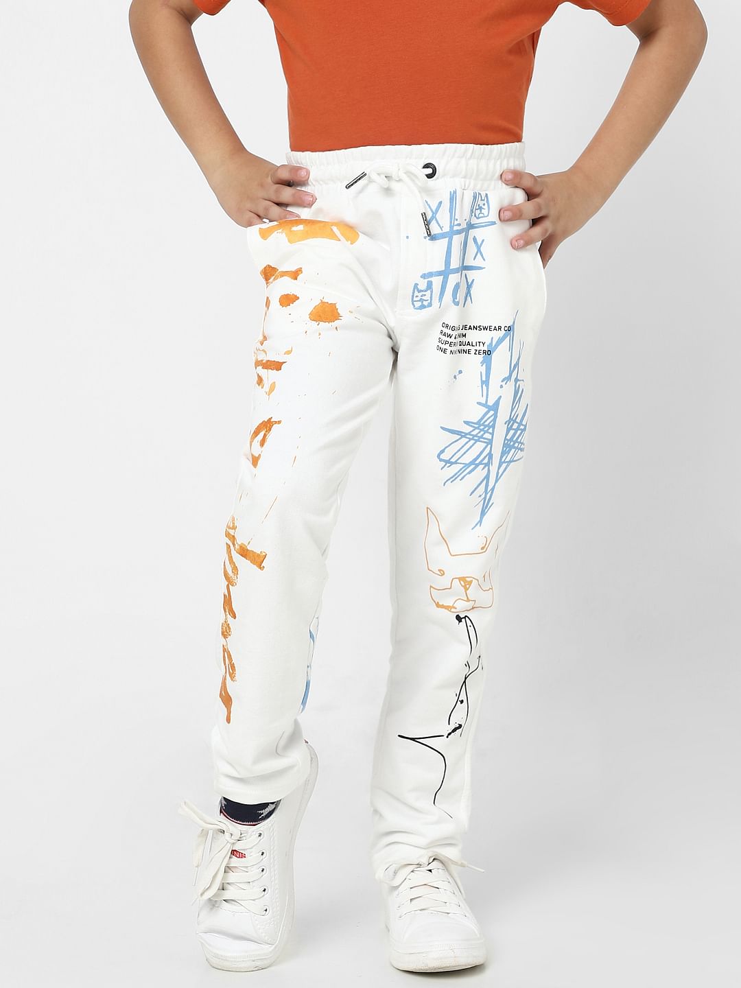 Boys White Graphic Print Sweatpants