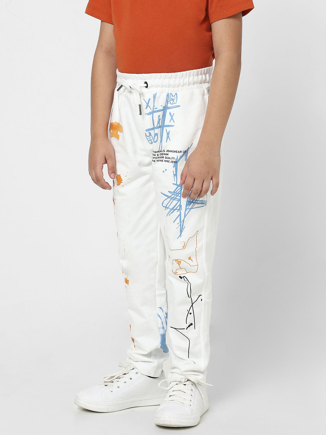 Boys White Graphic Print Sweatpants