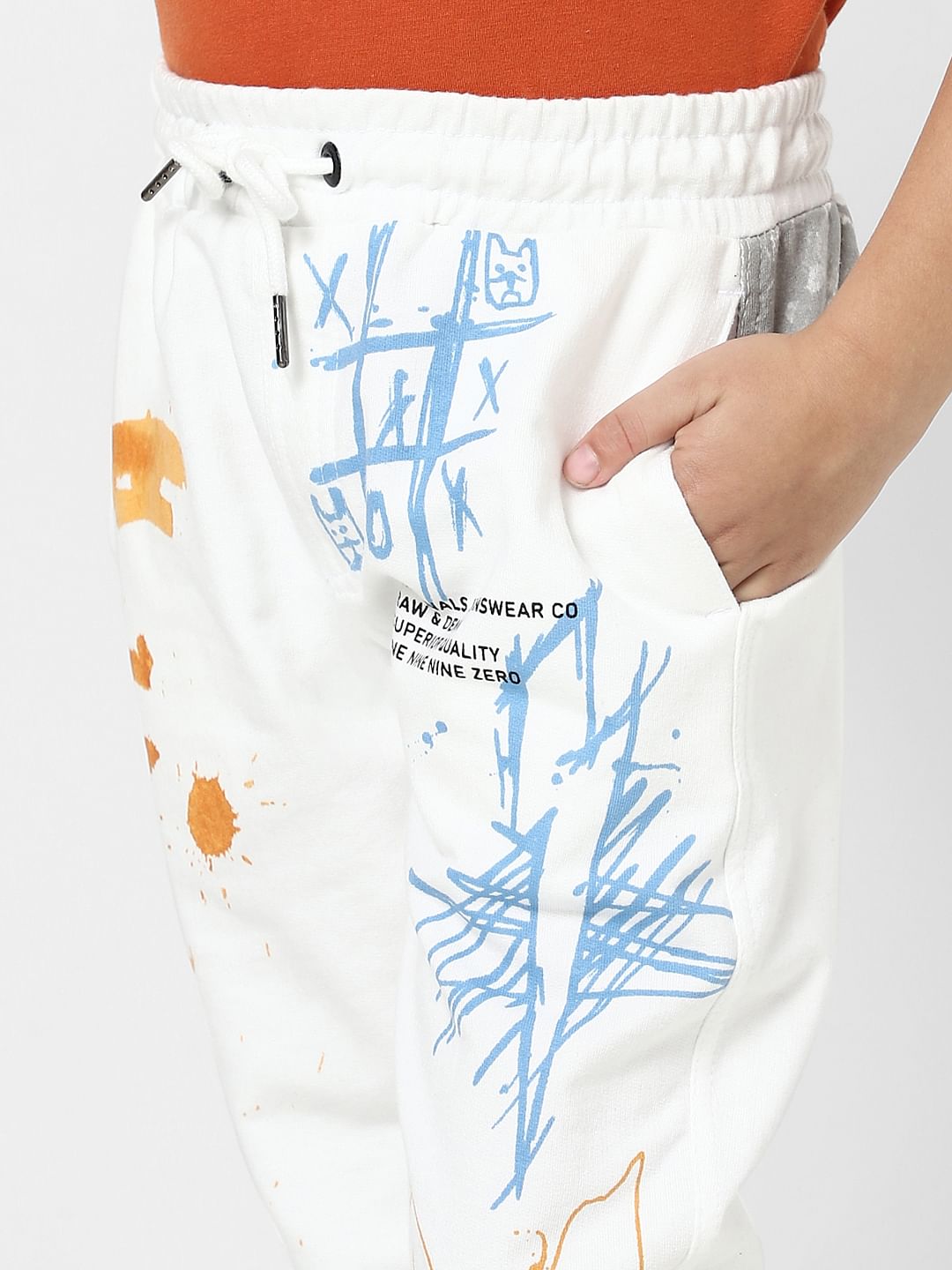 Boys White Graphic Print Sweatpants