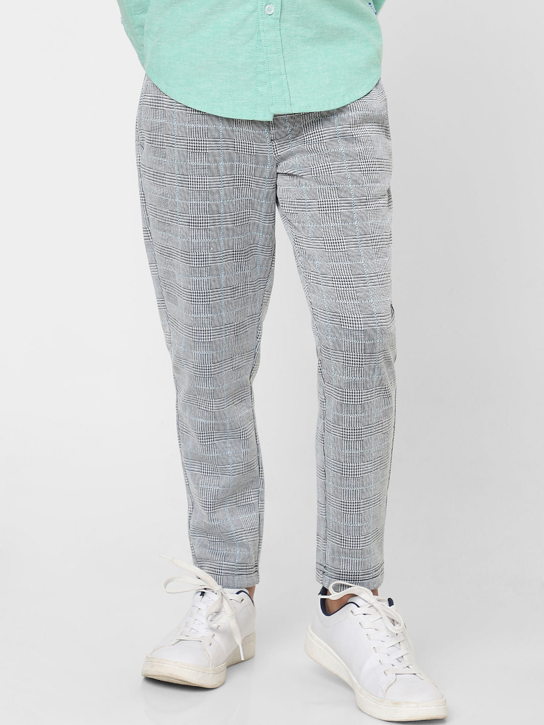 BOYS Grey Mid Rise Check Pants - 4/5Y