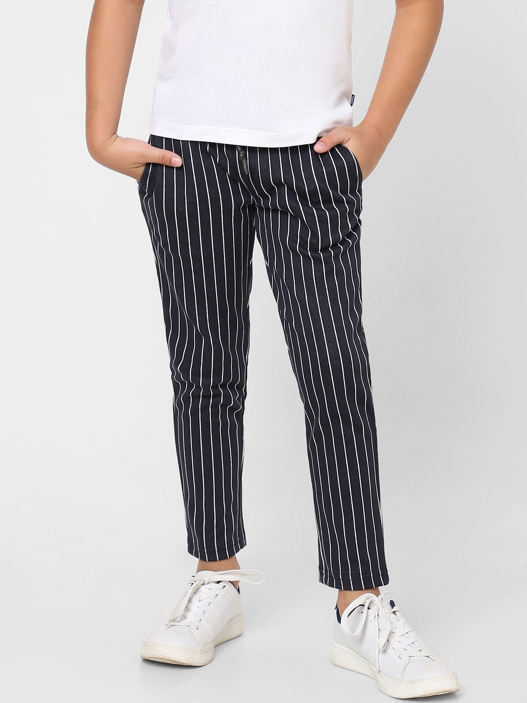 BOYS Navy Mid Rise Striped Pants - 4/5Y