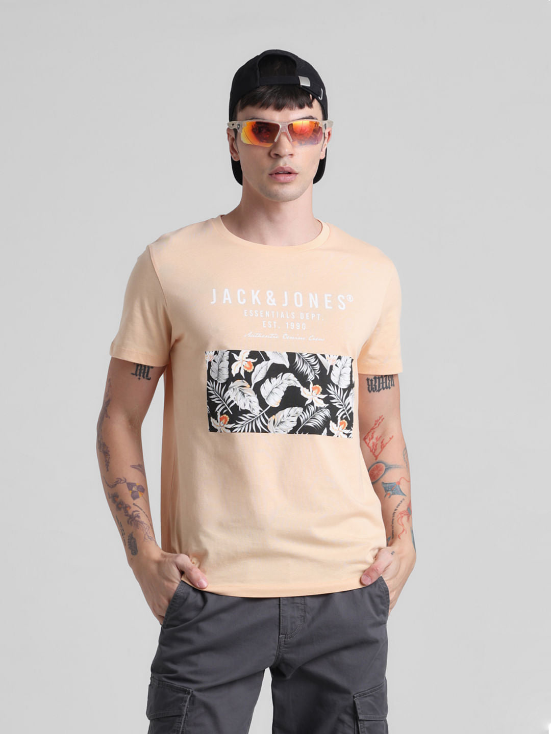 Peach Tropical Print Crew Neck T-shirt - S