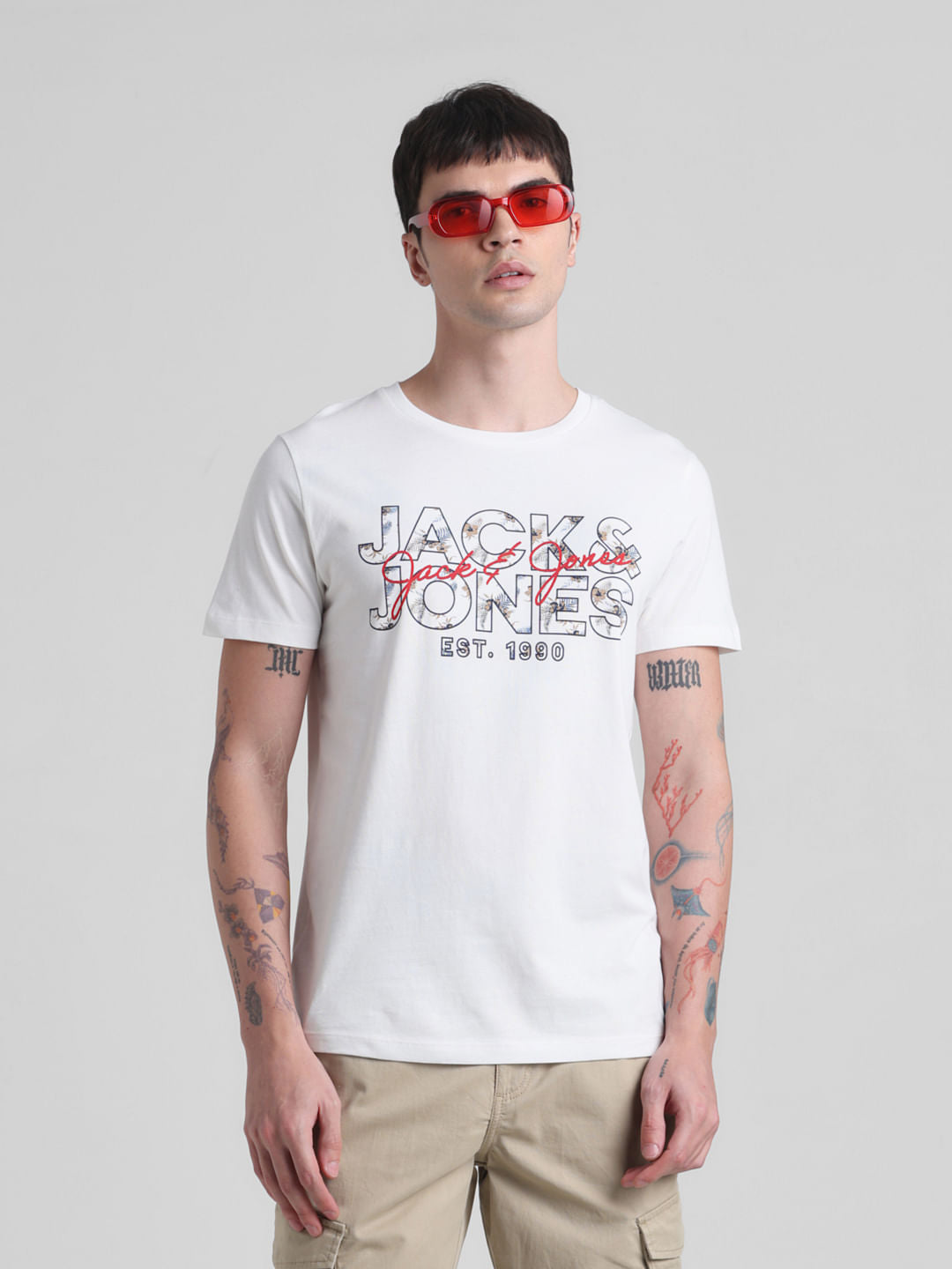 White Logo Print Crew Neck T-shirt - L