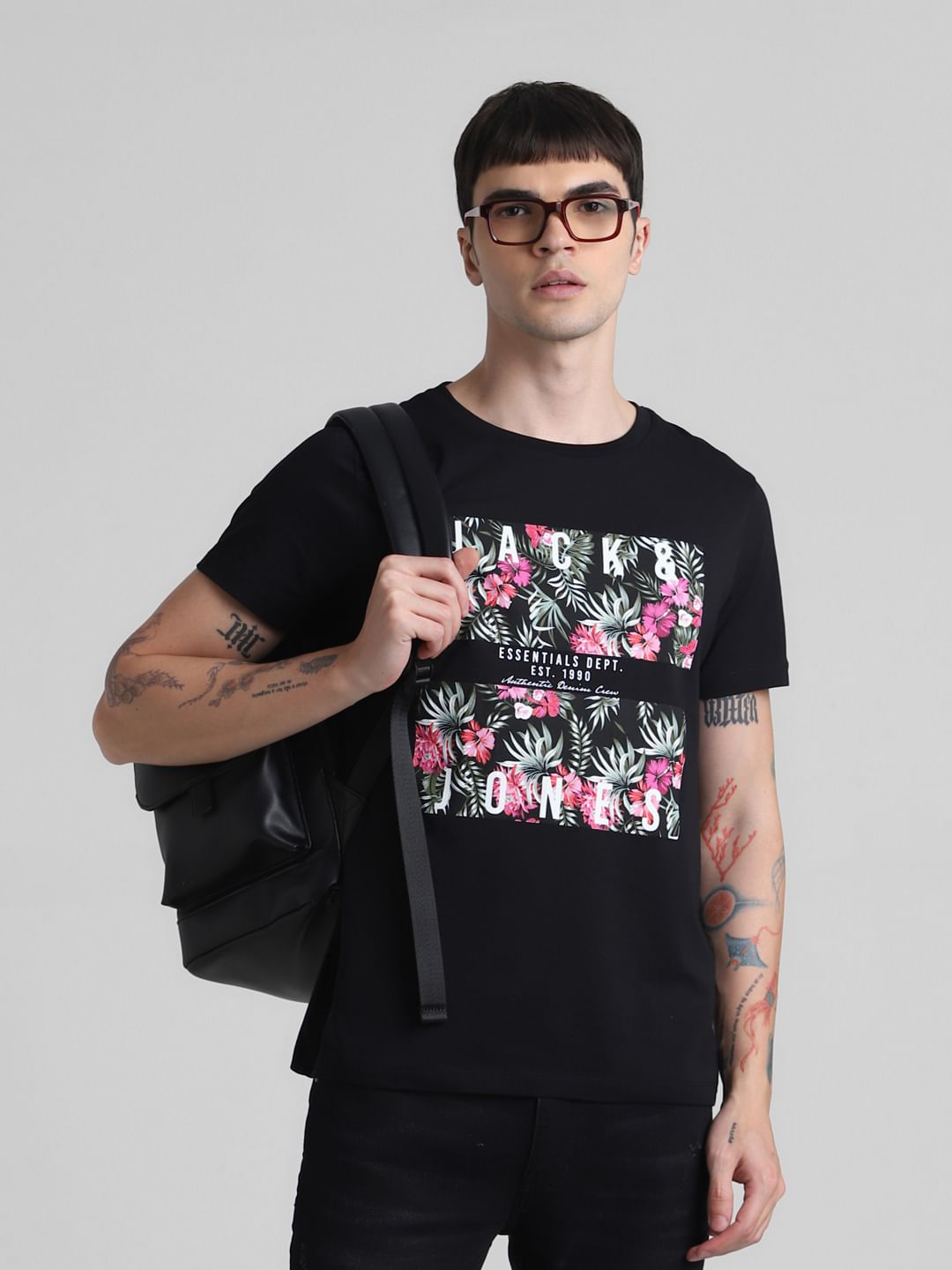 Black Tropical Print Crew Neck T-shirt - S