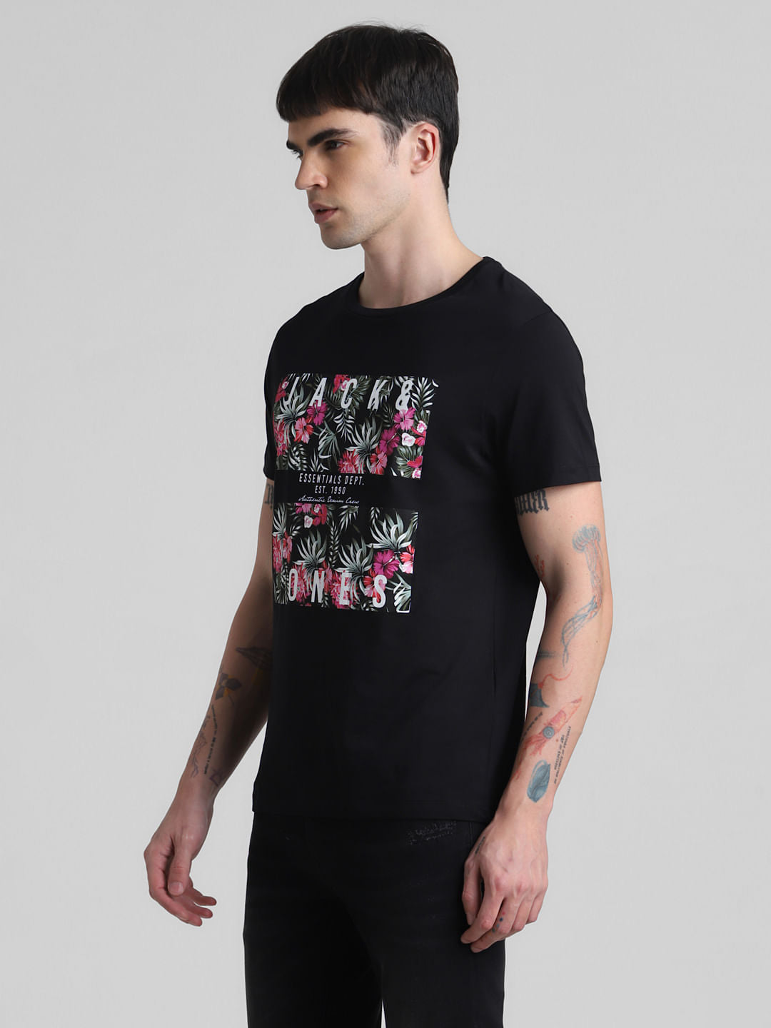 Black Tropical Print Crew Neck T-shirt