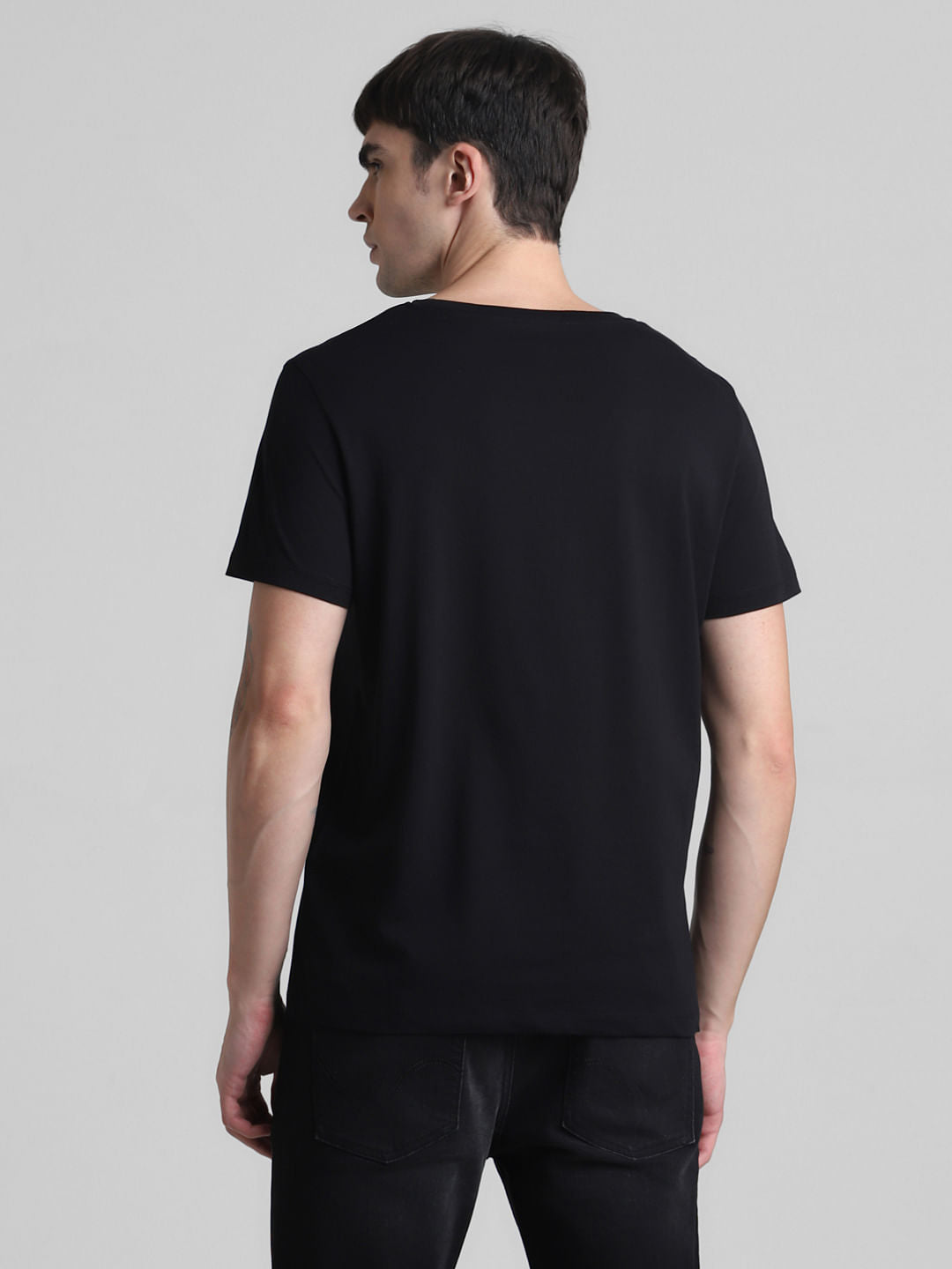 Black Tropical Print Crew Neck T-shirt