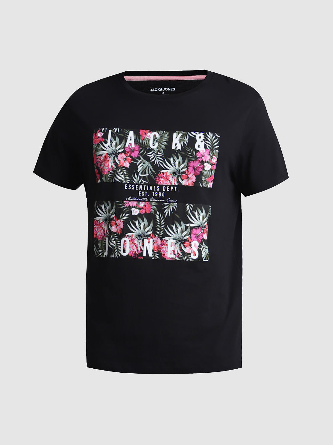 Black Tropical Print Crew Neck T-shirt