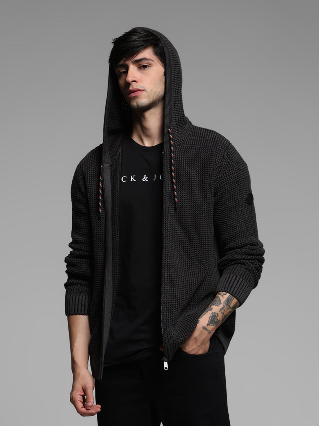 Black Textured Knit Zip-Up Hoodie