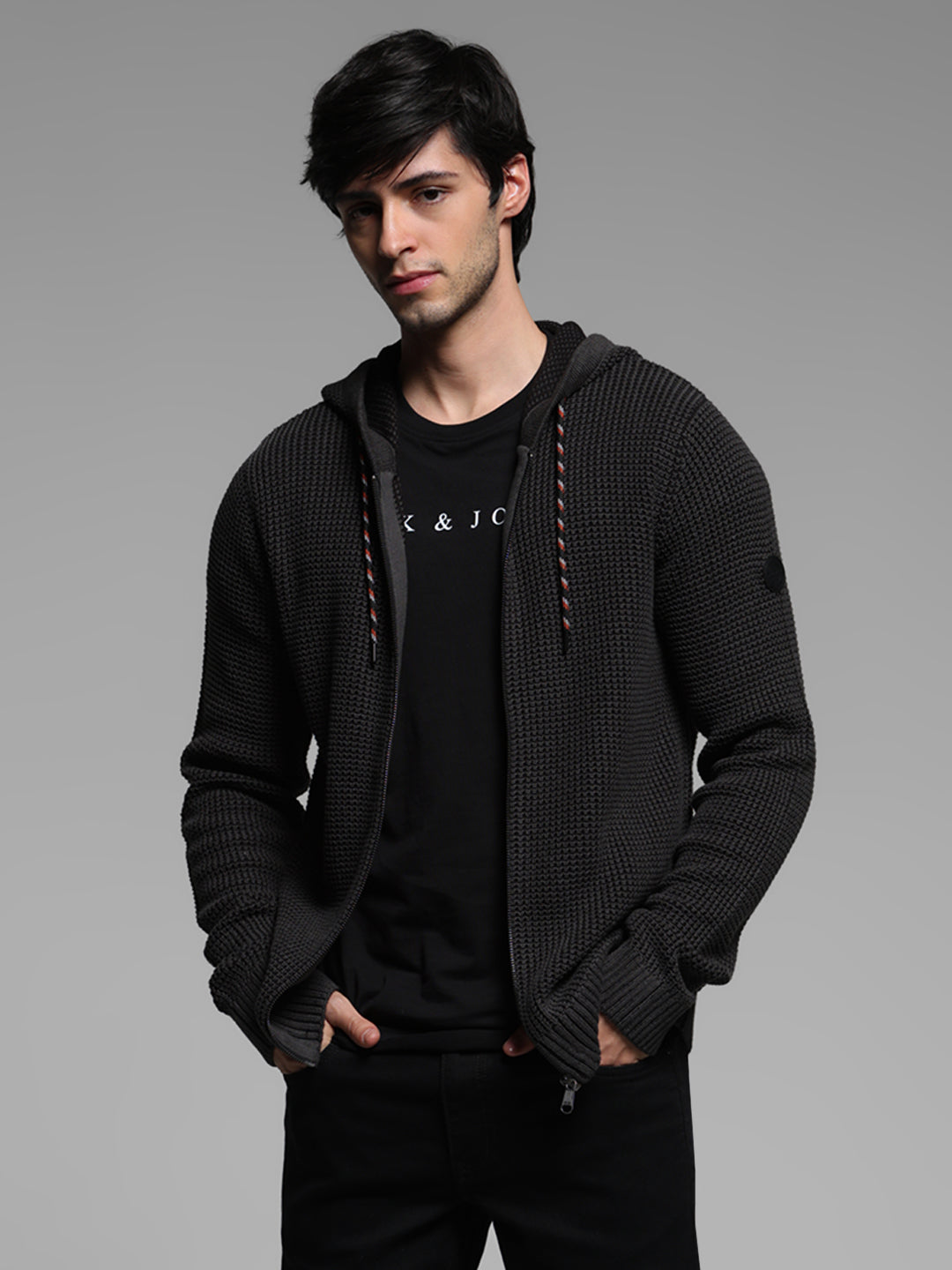 Black Textured Knit Zip-Up Hoodie