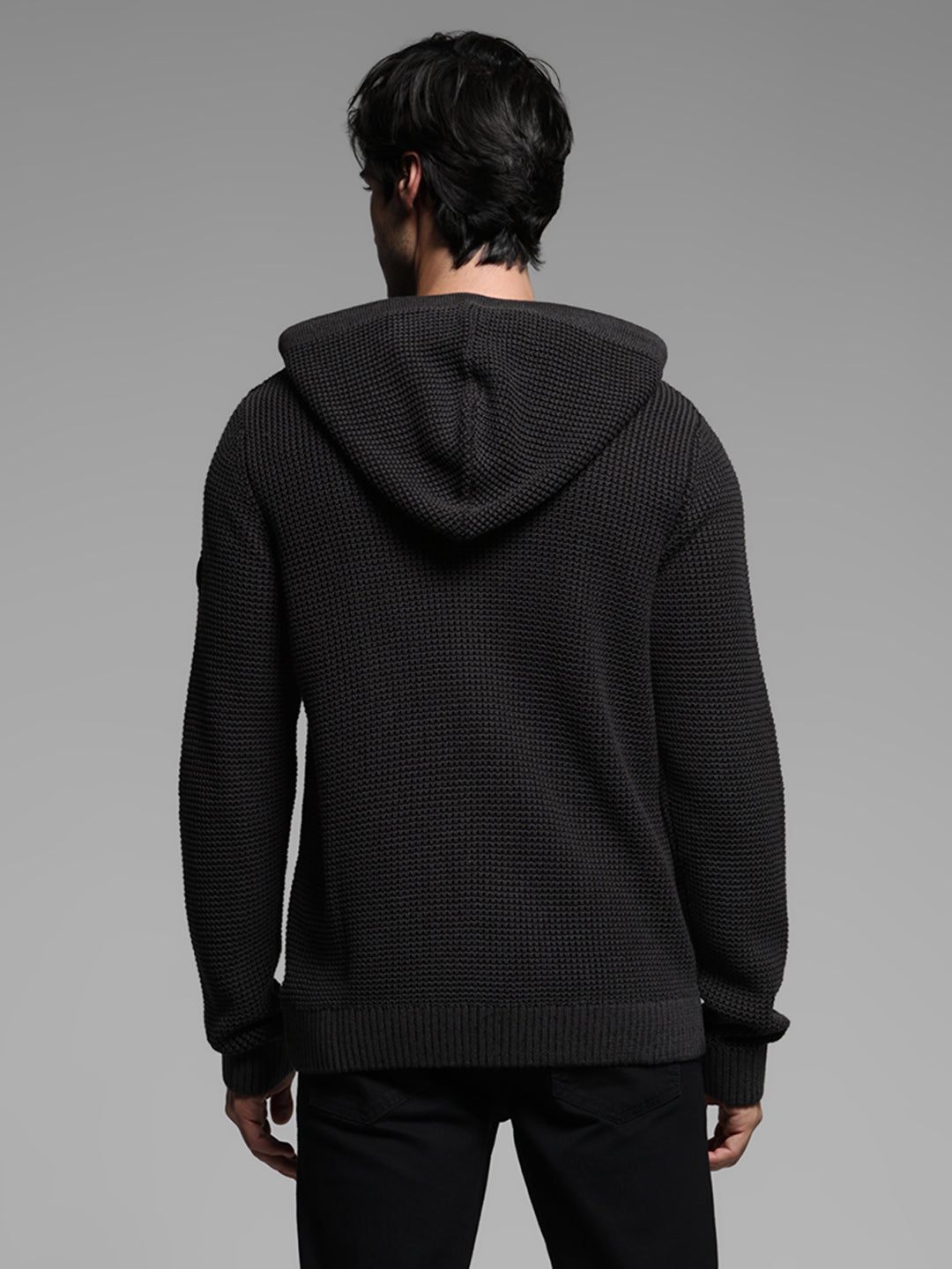 Black Textured Knit Zip-Up Hoodie
