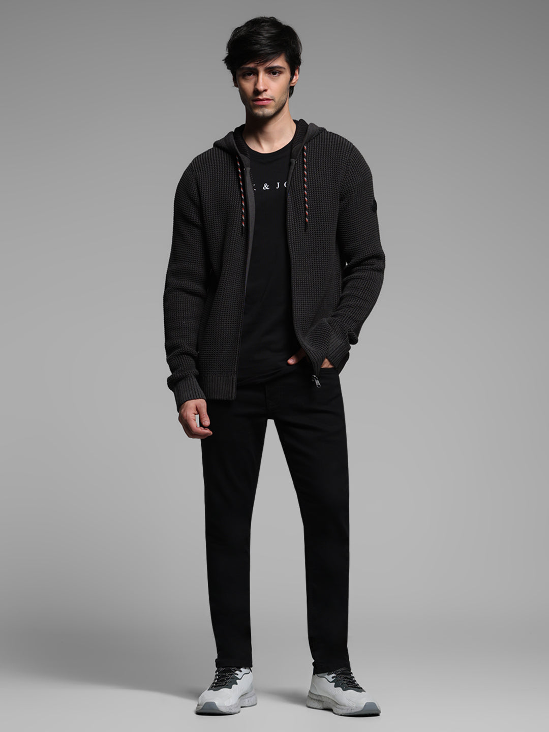 Black Textured Knit Zip-Up Hoodie