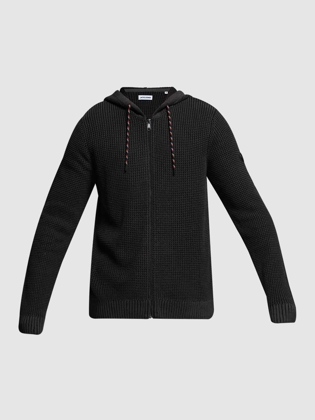 Black Textured Knit Zip-Up Hoodie