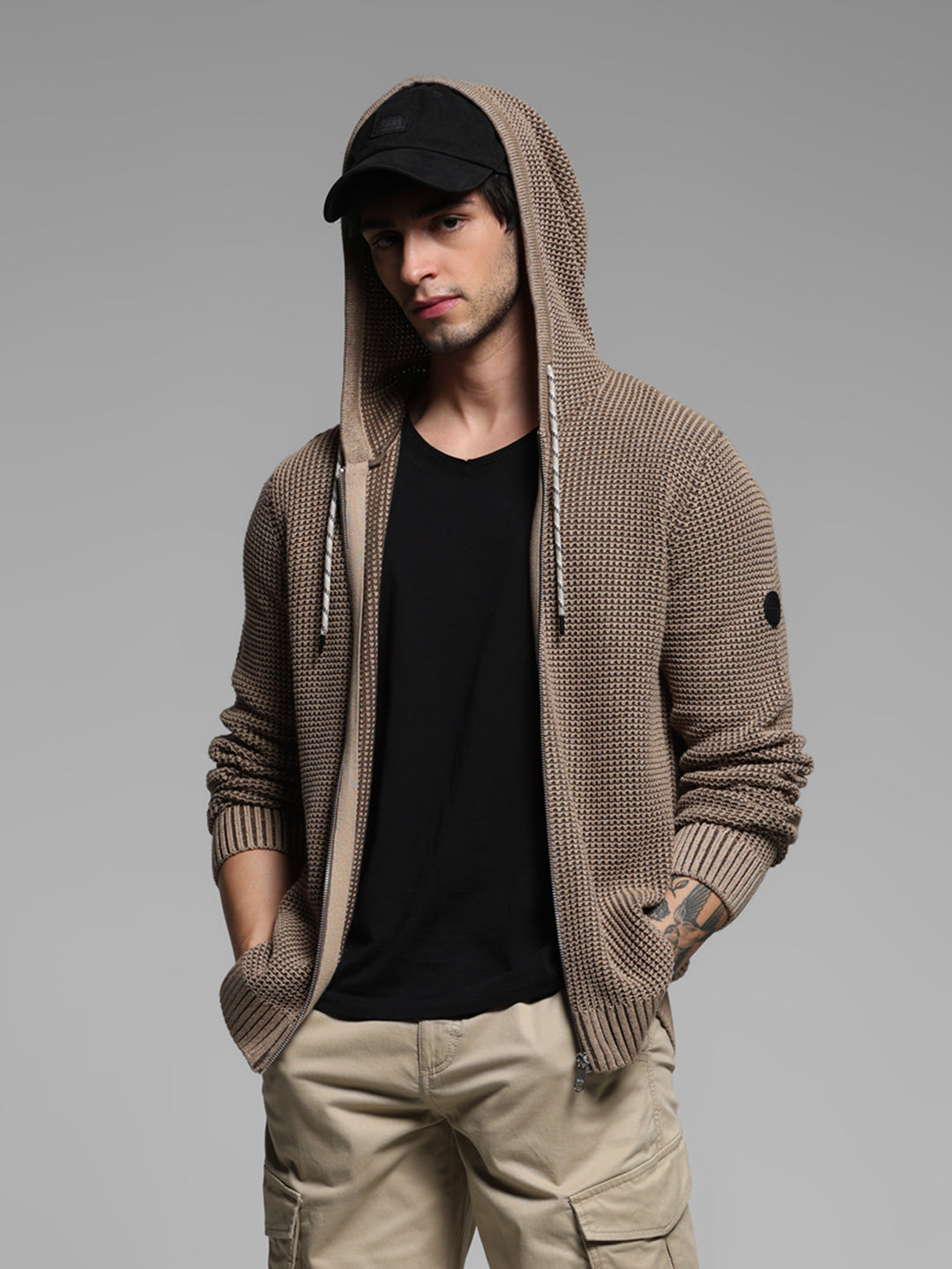 Beige Textured Knit Zip-Up Hoodie - S