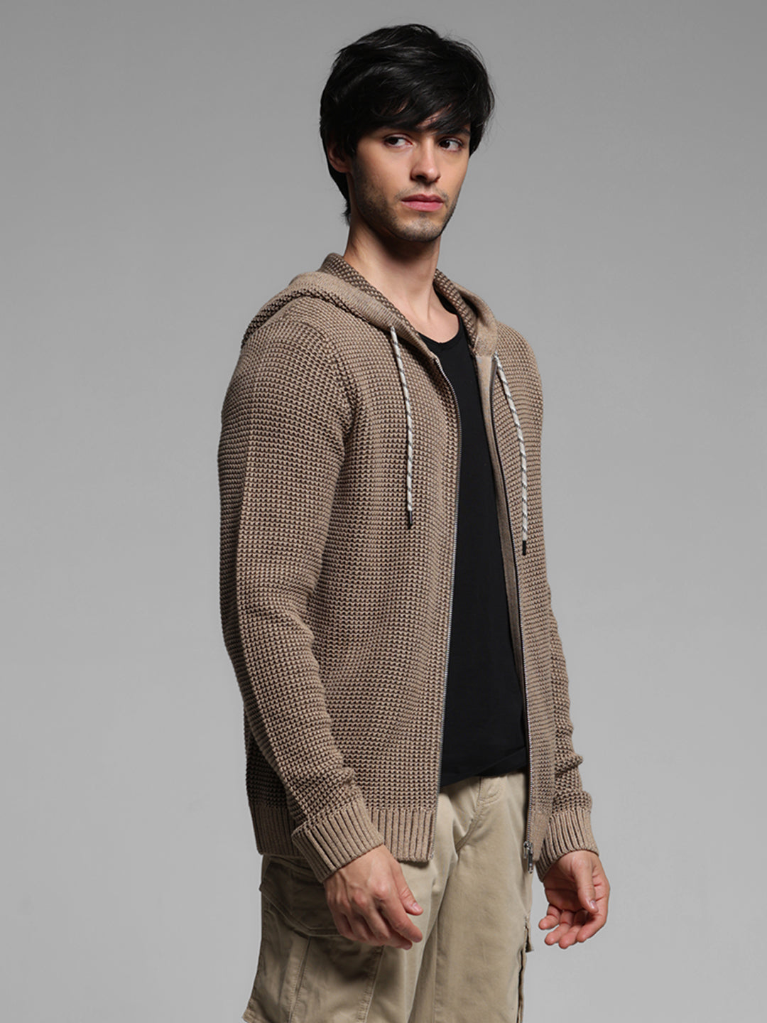 Beige Textured Knit Zip-Up Hoodie